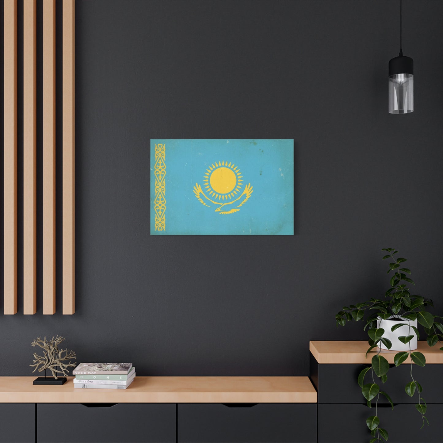 Kazakhstan Flag Canvas Wall Art - Blue And Gold Sun Eagle Emblem, Vintage Nation Print - Matte Cotton Artwork, Patriotic Living Room Wall Decor, Office Art Accent Style - Bedroom Home Decoration