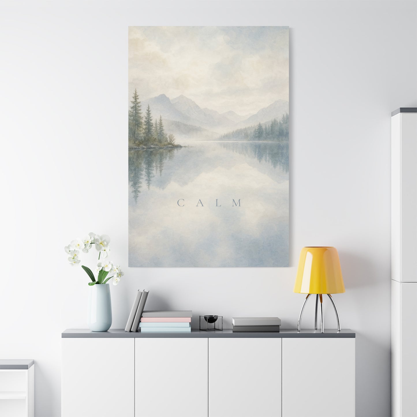 "Calm" Mountain Lake Canvas Wall Art - Misty Pine Forest Reflection Print - Serene Blue Landscape - Minimalist Nature Decor - Bedroom Home Decoration, Meditation Space - Living Room Wall Decor