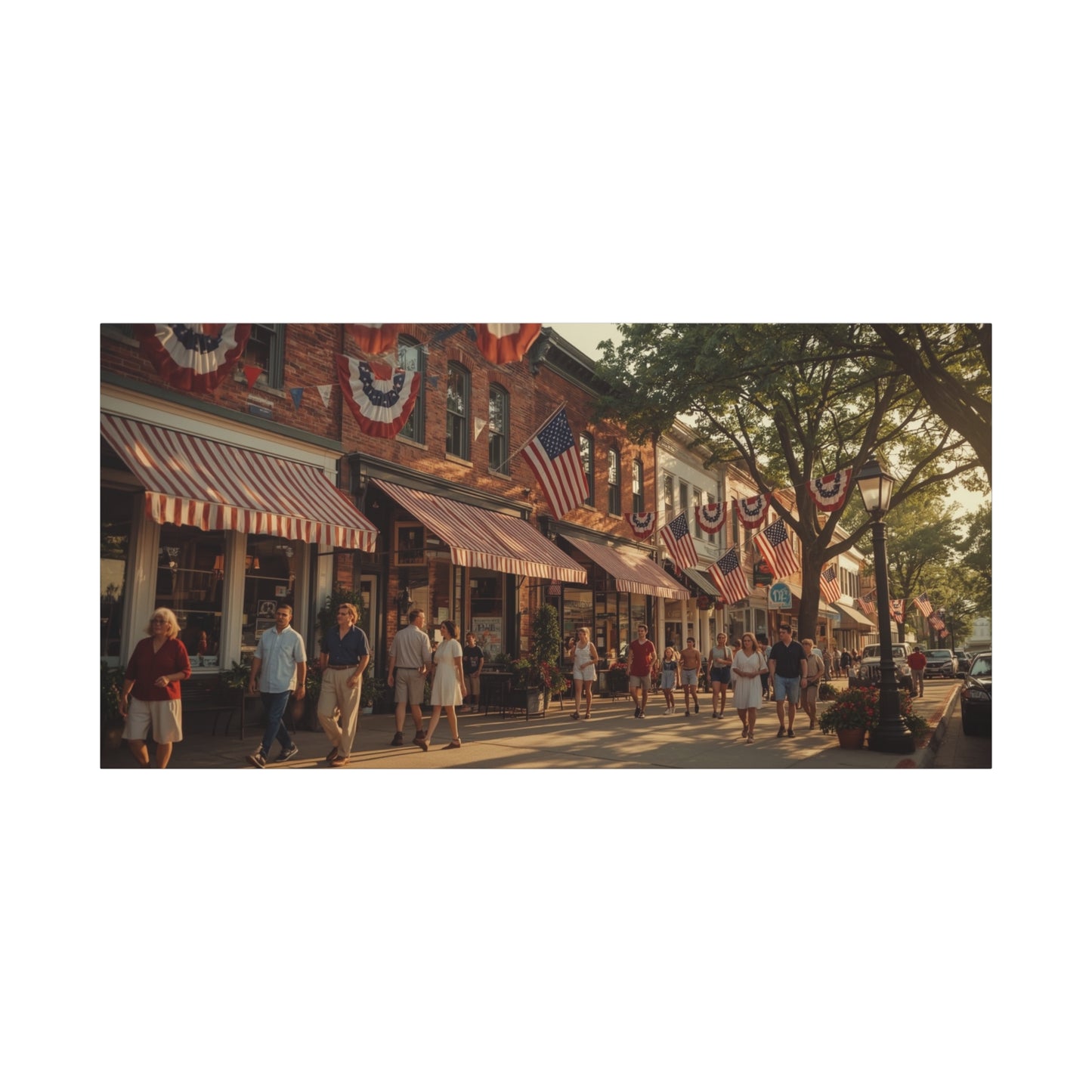 Patriotic Main Street Canvas Wall Art - American Flag Small Town Streetscape, Golden Hour Art Print - Vintage Americana Style - Living Room Wall Decor, Office Art Accent - Ready to Hang