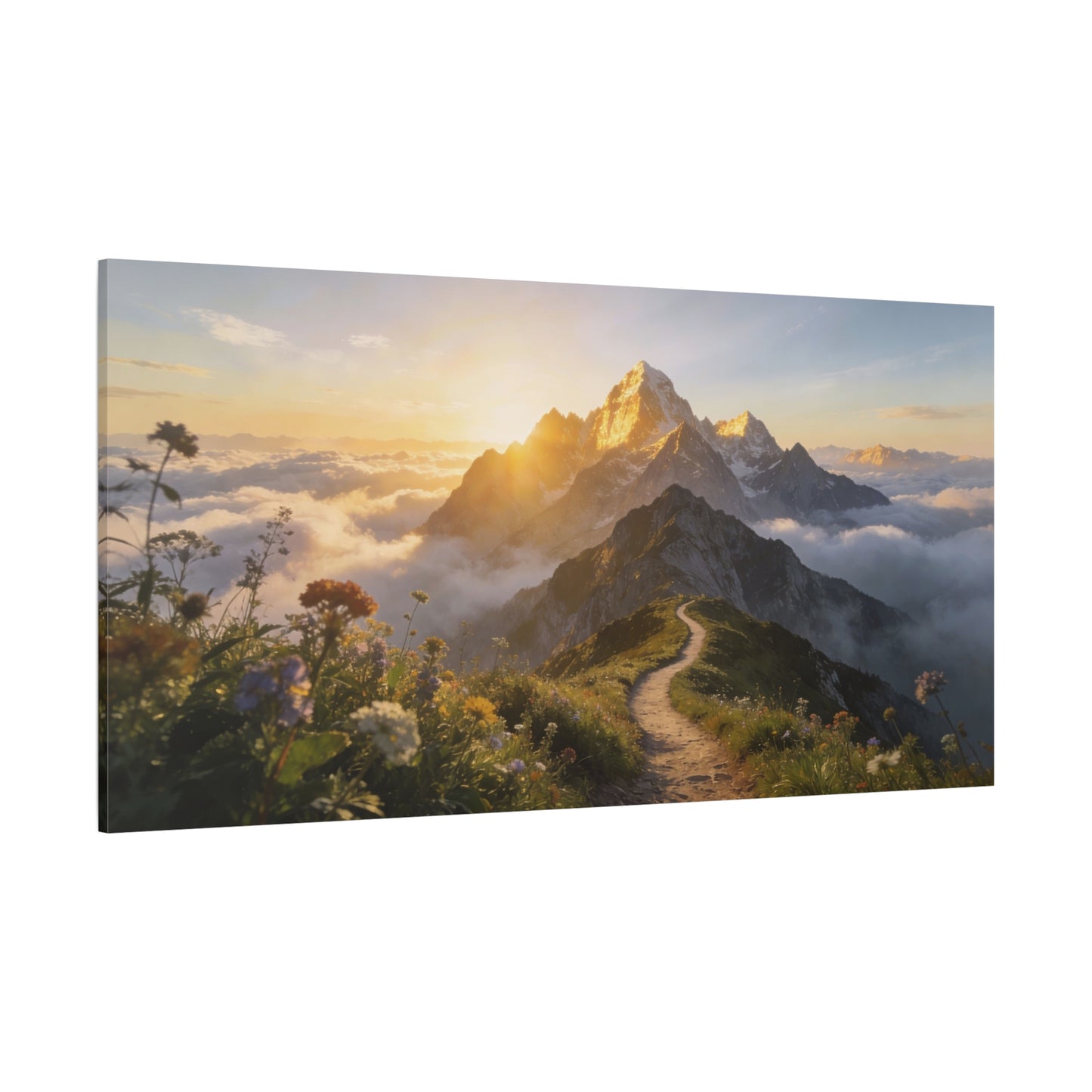 Mountain Sunrise Canvas Wall Art - Alpine Path, Wildflower Meadow, Golden Peak Landscape Print - Matte Scenic Nature Decor - Living Room Wall Decor, Bedroom Home Decoration - Bedroom Home Decoration