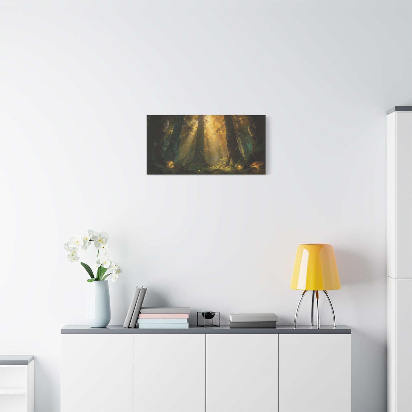 Owl Forest Canvas Wall Art - Sunbeams, Mushrooms, Fern Woodland Scene - Matte Cotton Print - Mystical Nature Style - Living Room Wall Decor, Bedroom Home Decoration - Bedroom Home Decoration