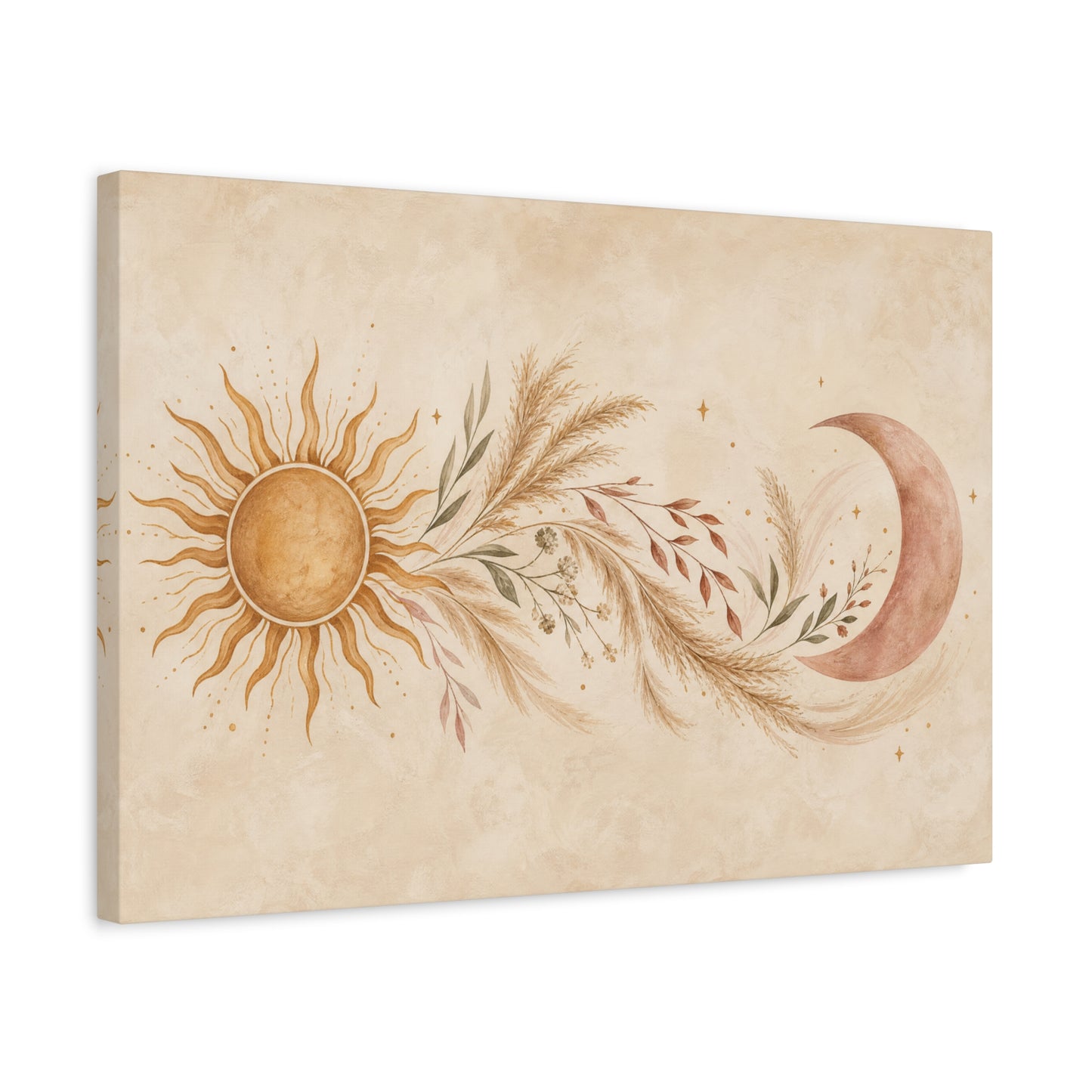 Boho Sun And Moon Canvas Wall Art - Celestial Botanical Pampas Grass Print - Neutral Beige Terracotta Modern Bohemian Decor - Bedroom Living Room Wall Decor - Meditation Space Accent - Ready to Hang