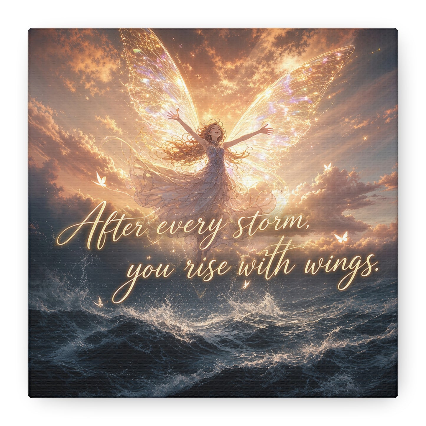 "After Every Storm, You Rise With Wings." Fairy Canvas Wall Art - Inspirational Ocean Sky Quote Print - Golden Ethereal Fantasy Decor - Bedroom Wall Hanging, Living Room Accent - Ready to Hang