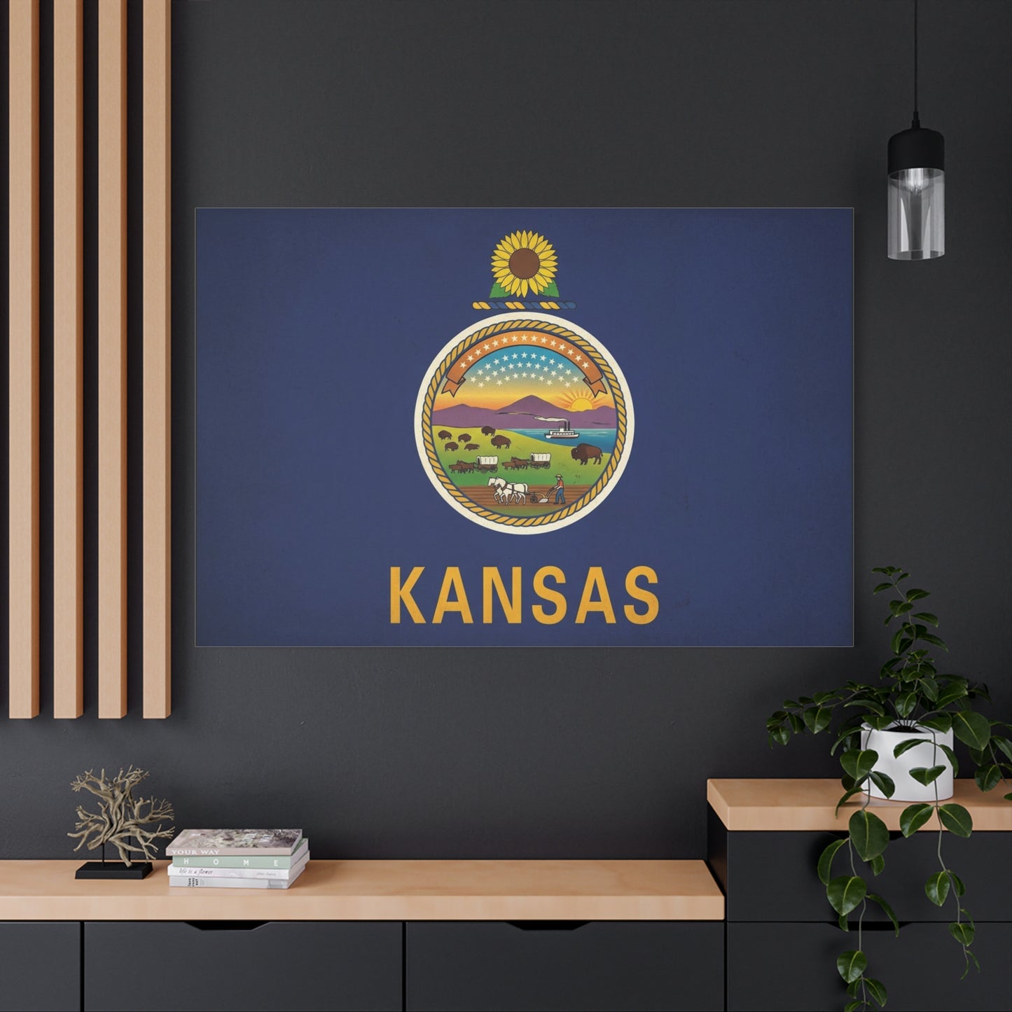 Kansas State Flag Canvas Wall Art - Sunflower Seal Prairie Buffalo Wagon Sunset Print - Vintage Blue Typography Decor - Living Room Wall Decor, Office Art, Dorm Accent - Bedroom Home Decoration
