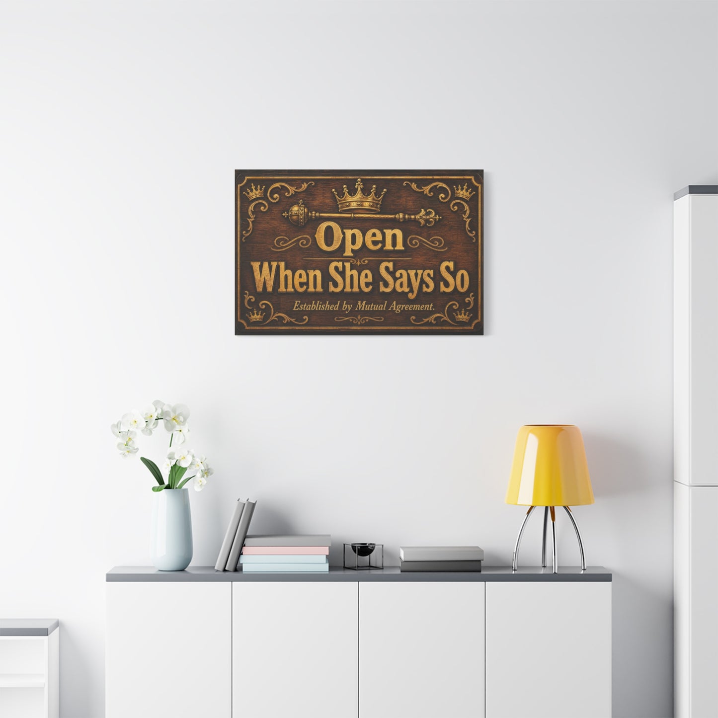 "Open When She Says So" Canvas Wall Art - Vintage Crown Scepter Typography Sign - Rustic Brown Gold Humor Decor - Man Cave Living Room Wall Decor - Bedroom Home Decoration - Bedroom Home Decoration
