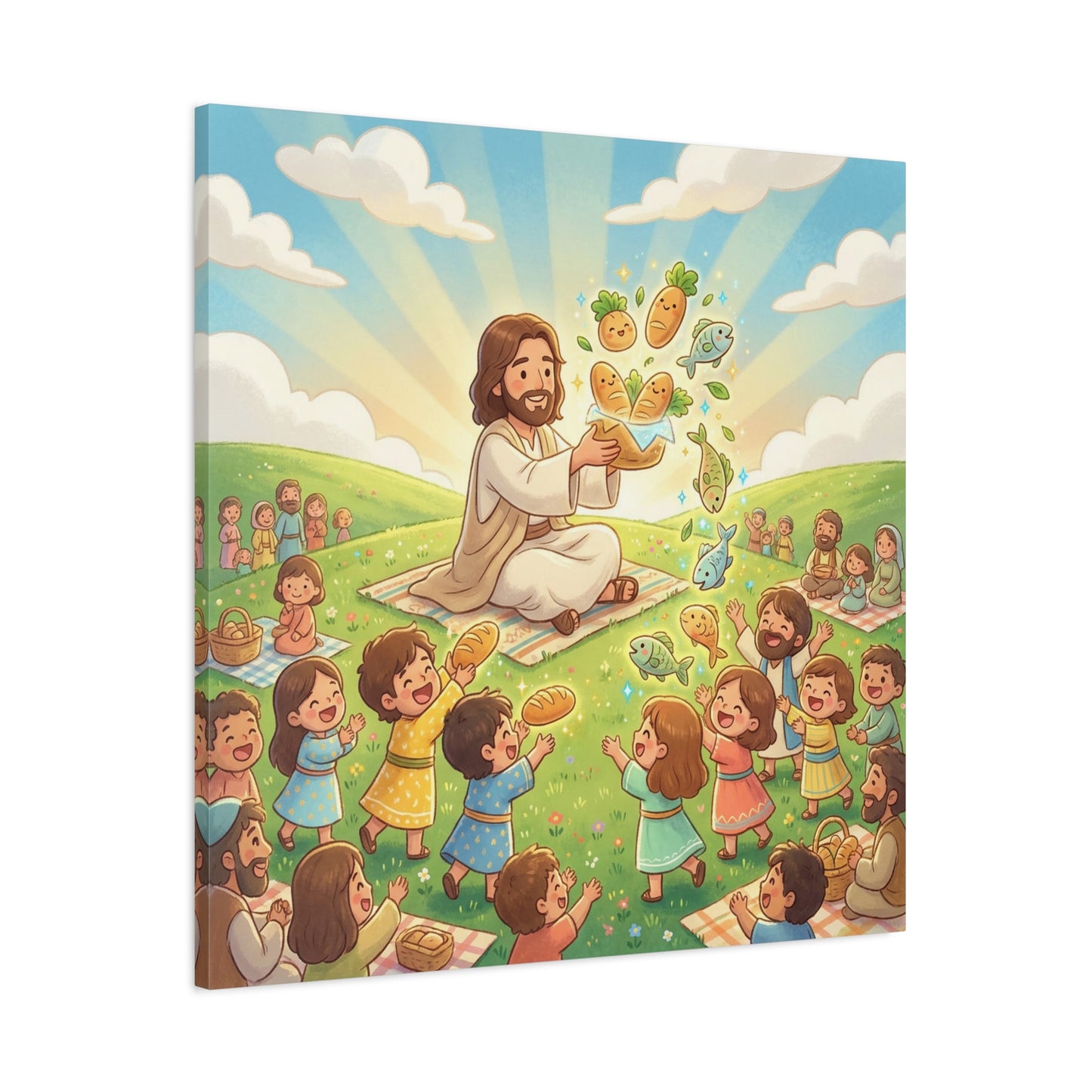 Jesus Feeding Multitude Canvas Wall Art - Loaves And Fish Bible Scene, Christian Nursery Decor - Matte Cotton Print, Kids Room Wall Decor, Sunday School Classroom - Bedroom Home Decoration