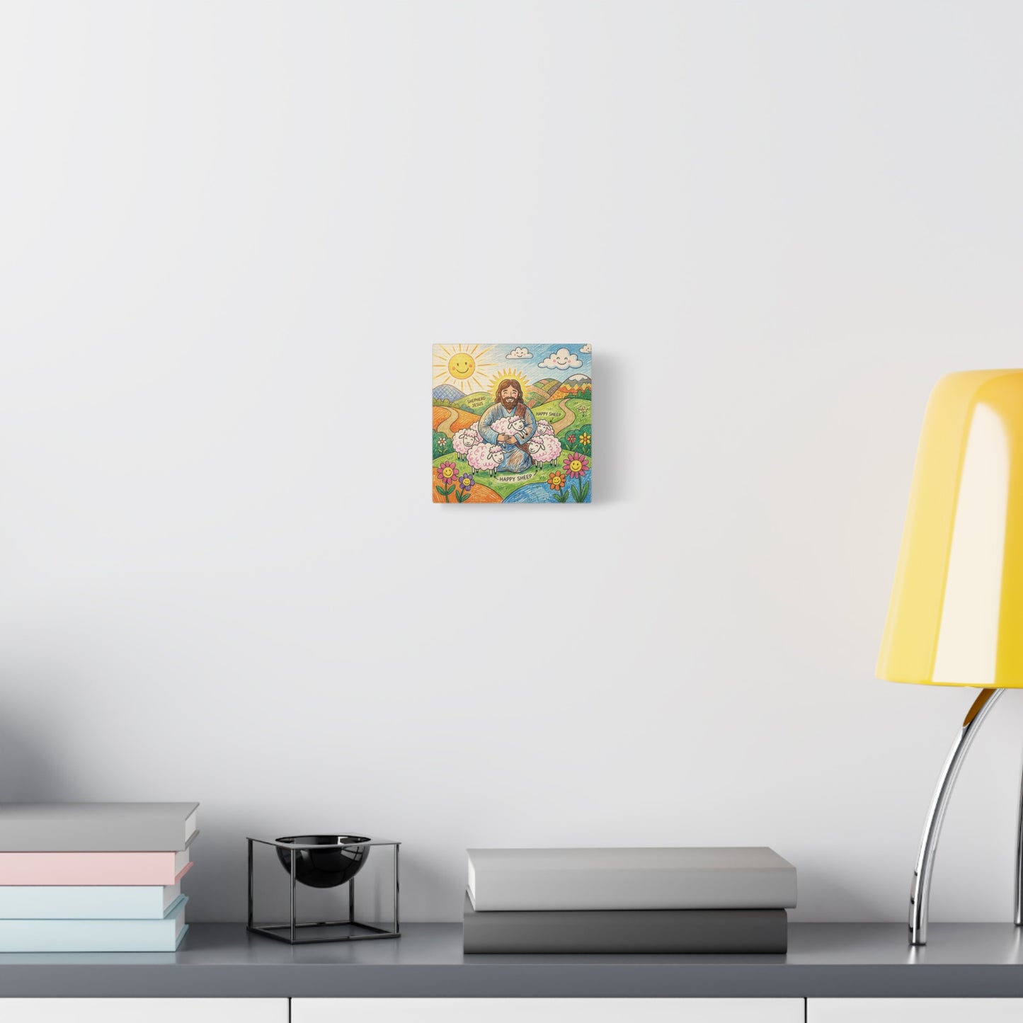 "Shepherd Jesus" "Happy Sheep" Jesus Canvas Wall Art - Christian Kids Nursery Decor, Colorful Religious Print - Matte Cotton Canvas - Playroom Bedroom Classroom Decoration - Living Room Wall Decor