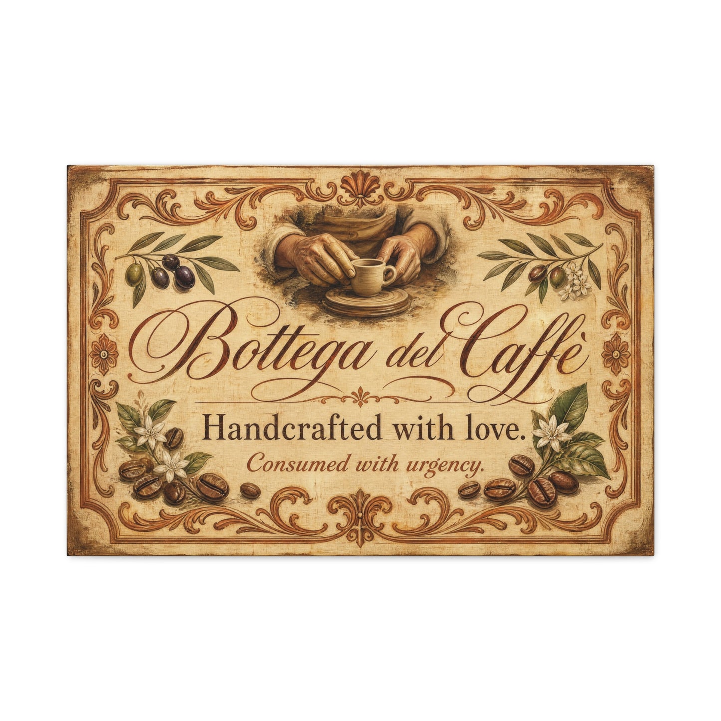 "Bottega del Caffe" Canvas Wall Art - Vintage Italian Coffee Quote Print, Olive Branches, Beans, Rustic Farmhouse Decor, Cafe Wall Hanging - Modern Farmhouse Style - Coffee Shop Decor - Ready to Hang