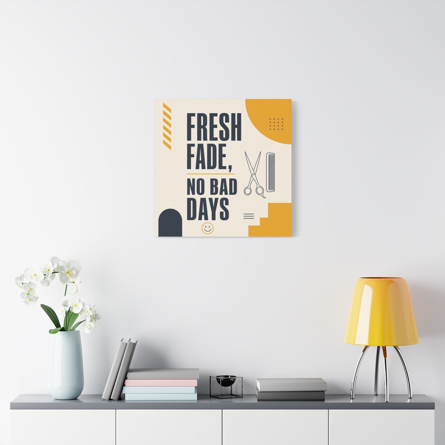 "Fresh Fade, No Bad Days" Barber Shop Canvas Wall Art - Scissors And Comb Typography Print - Modern Yellow Black Salon Decor - Workspace Wall Decor, Lobby Wall Art Accent - Gallery Wrapped Canvas