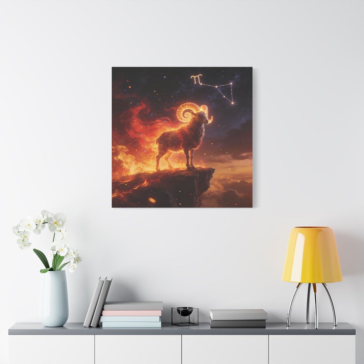 Aries Ram Canvas Wall Art - Fiery Zodiac Constellation Celestial Animal Print - Glowing Horns, Cosmic Night Sky - Contemporary Fantasy Style - Bedroom Home Decoration Office Wall Art - Ready to Hang