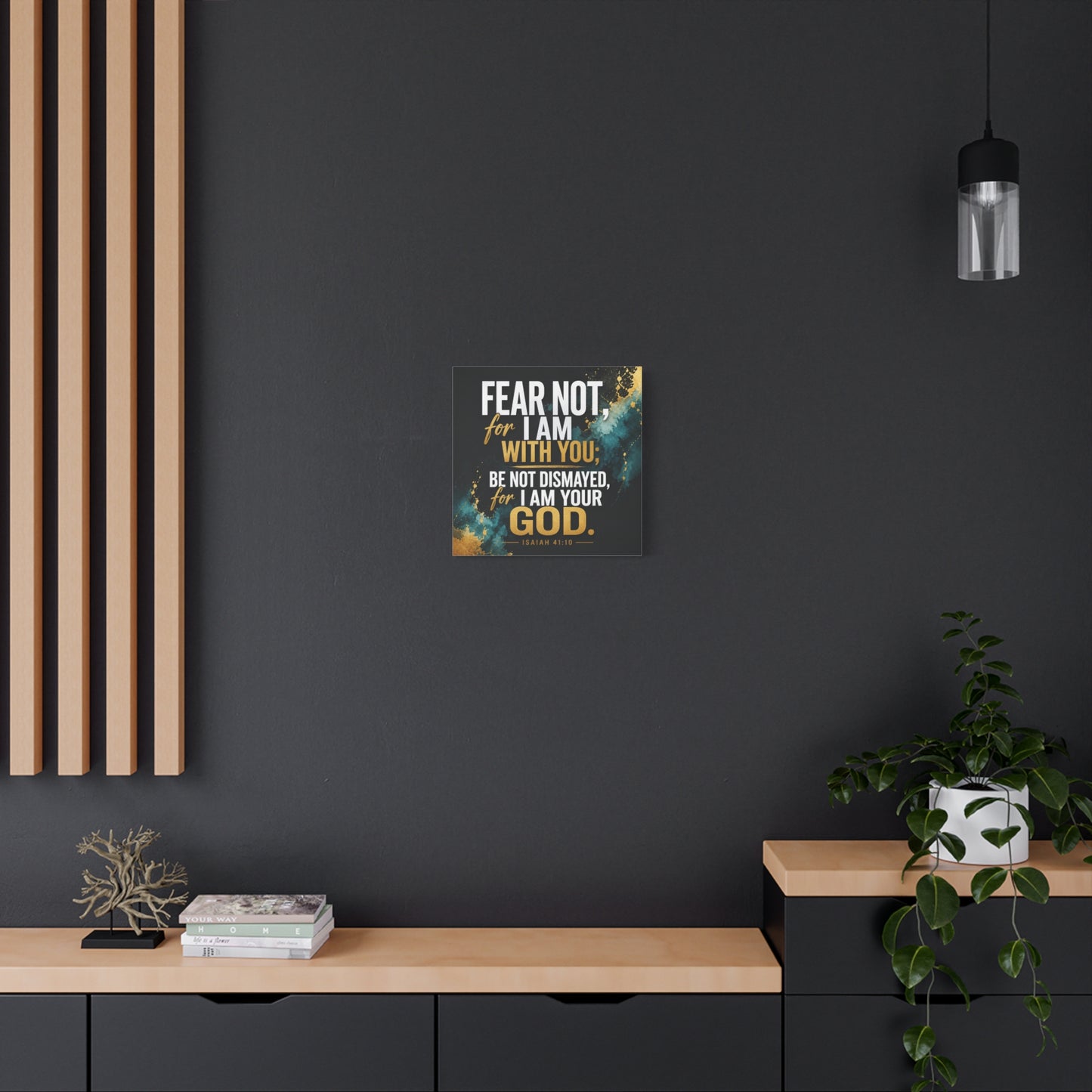 "Fear Not, For I Am With You, Be Not Dismayed, For I Am Your God. Isaiah 41:10" Christian Canvas Wall Art - Teal Gold Scripture Quote Print - Inspirational Bedroom Decor - Living Room Wall Decor