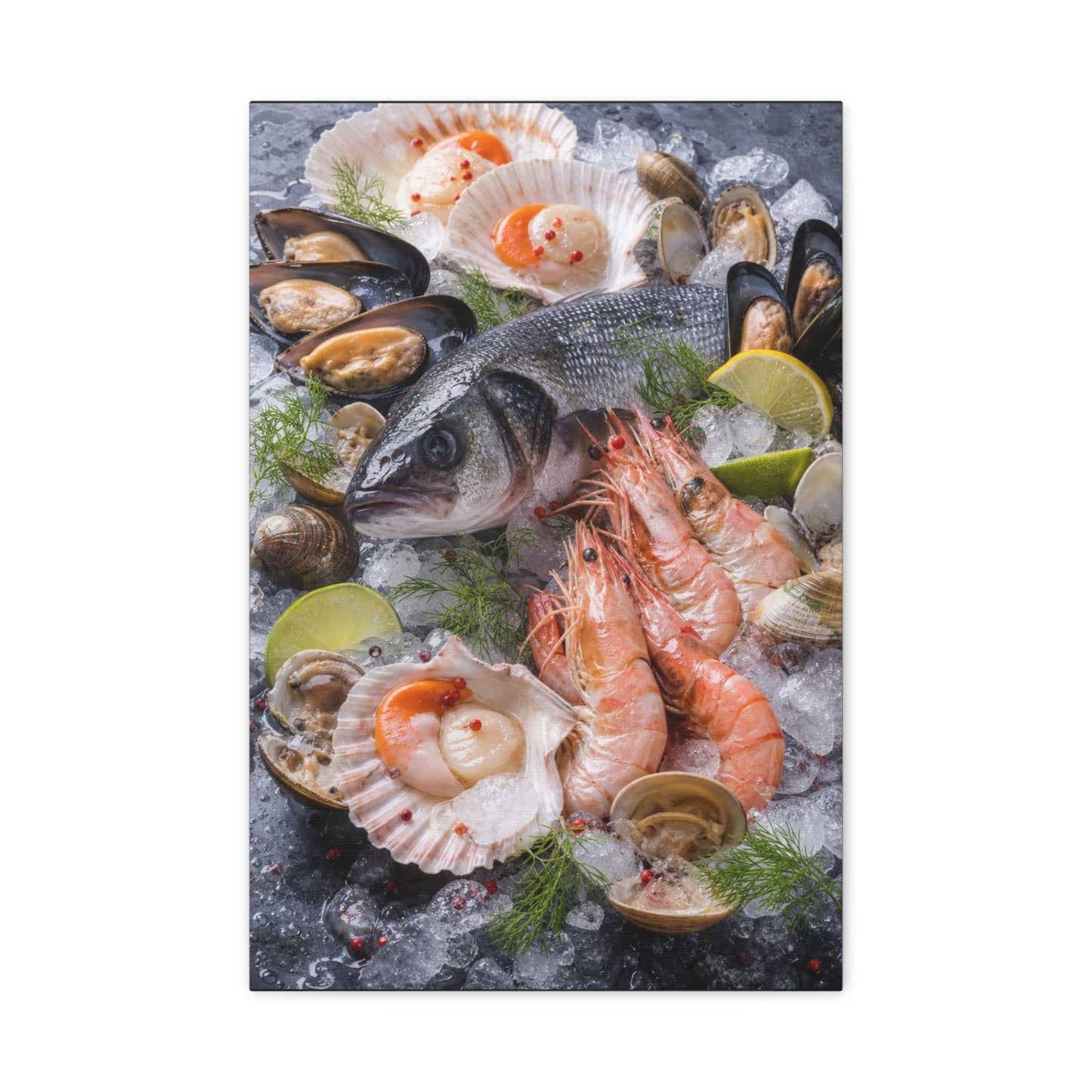 Seafood Still Life Canvas Wall Art - Fish, Shrimp, Scallops On Ice Food Print - Coastal Kitchen Decor, Dining Room Wall Decor, Contemporary Home Decoration, Matte Canvas Print - Modern Farmhouse Style