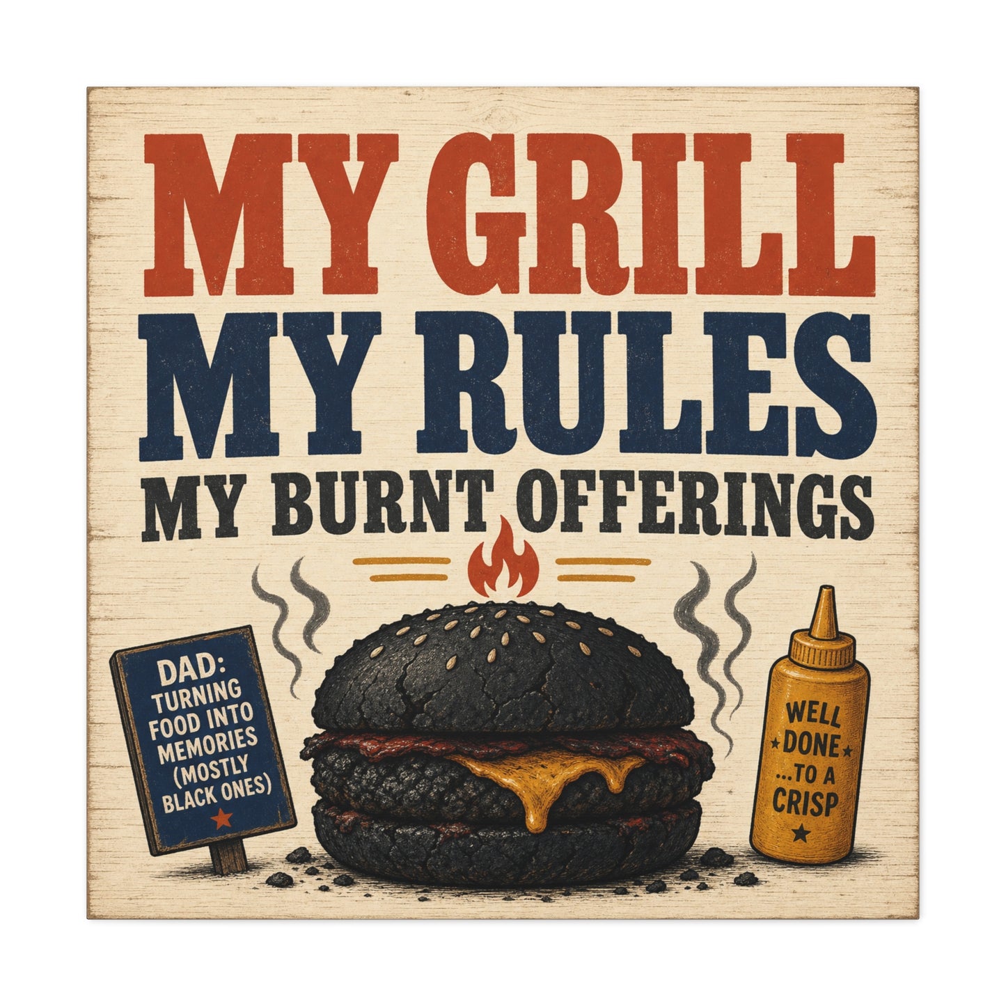 "My Grill My Rules My Burnt Offerings" Funny BBQ Canvas Wall Art - Burnt Burger Grill Sign, Rustic Farmhouse Kitchen Decor, Patriotic Red Blue Typography Print - Man Cave Wall Decor - Ready to Hang