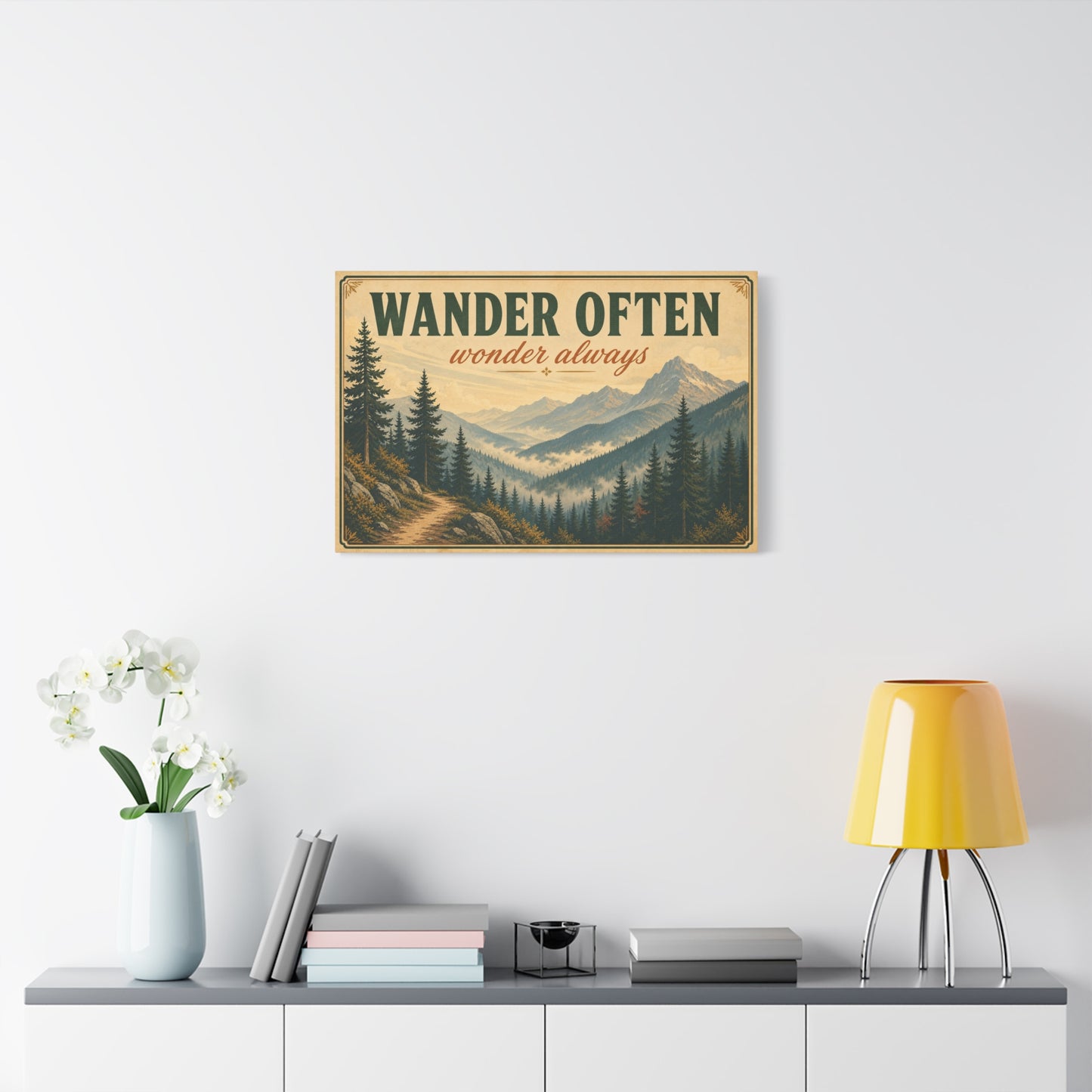 "Wander Often Wonder Always" Mountain Canvas Wall Art - Vintage Forest Landscape Quote Decor, Rustic Matte Print, Cabin Style Living Room Wall Decor, Bedroom Home Decoration - Bedroom Home Decoration