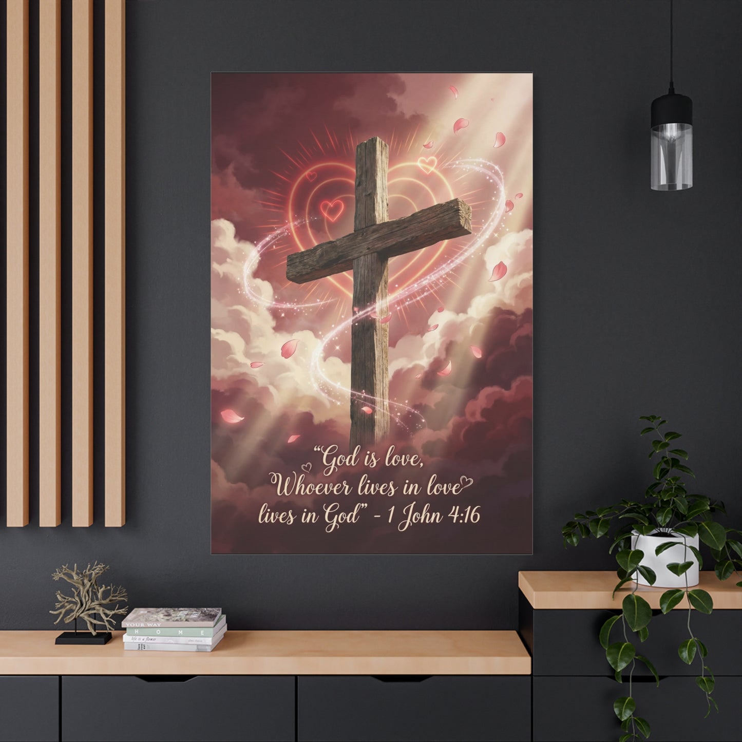 "God Is Love, Whoever Lives In Love Lives In God" Cross Canvas Wall Art - 1 John 4:16 Scripture Print, Romantic Christian Decor, Traditional Bedroom Wall Decor - Bedroom Home Decoration