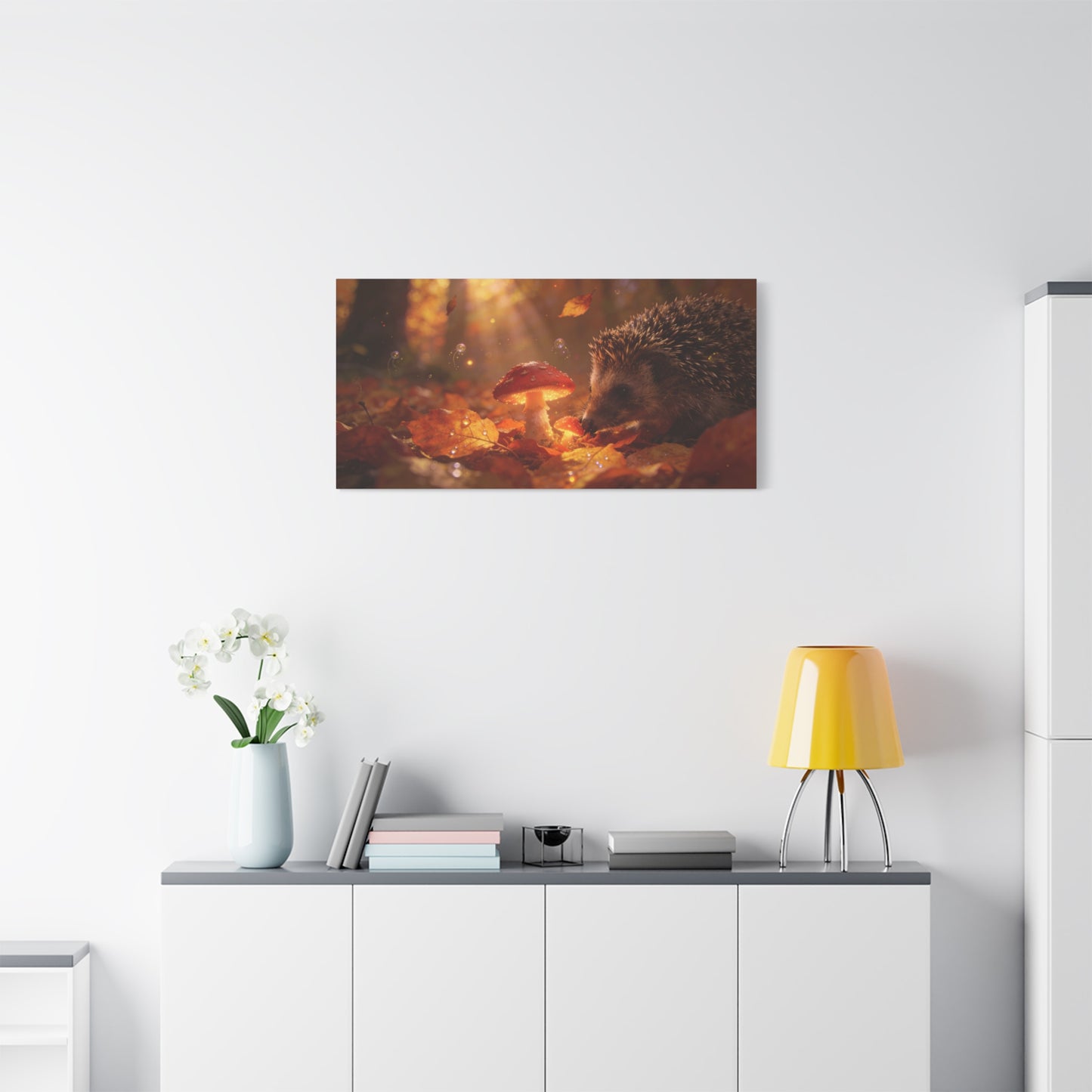 Hedgehog Mushroom Canvas Wall Art - Autumn Forest Wildlife Canvas Print, Glowing Red Toadstool, Warm Golden Light, Whimsical Nature Decor, Living Room Wall Decor, Bedroom Accent - Ready to Hang