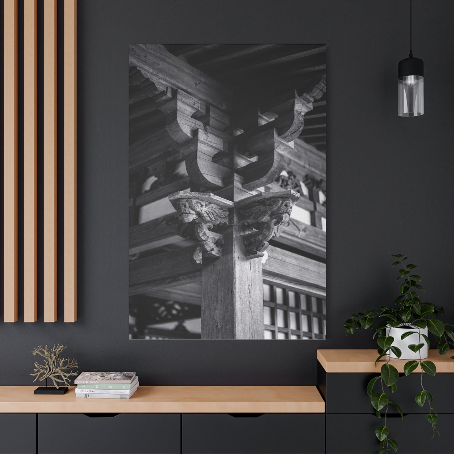 Japanese Temple Architecture Canvas Wall Art - Black And White Wooden Carved Bracket Art Print - Traditional Zen Style - Living Room Wall Decor, Bedroom Home Decoration - Bedroom Home Decoration