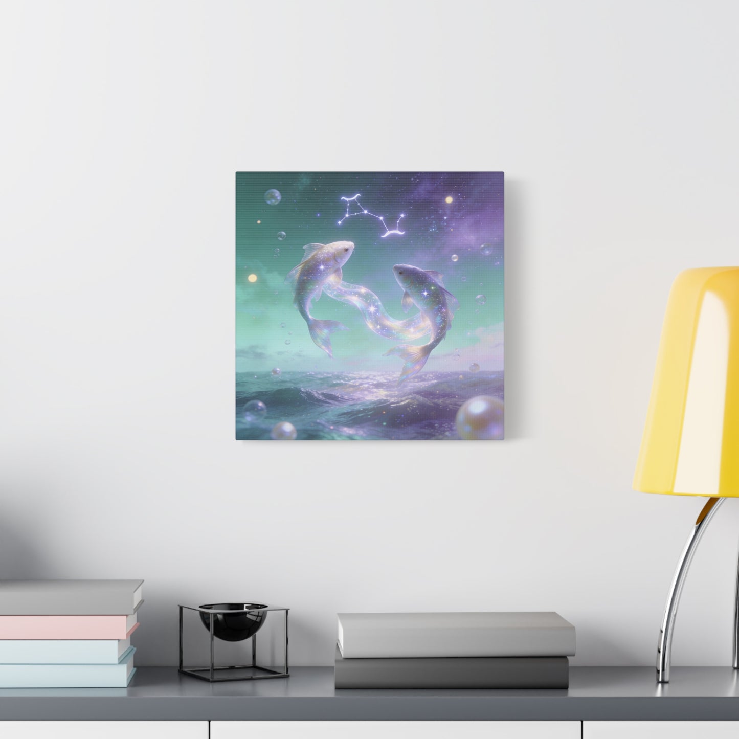 Pisces Fish Canvas Wall Art - Celestial Ocean Zodiac Illustration, Dreamy Aurora Nightscape, Matte Cotton Print, Mystical Bedroom Accent, Meditation Space Piece, Office Interior Style - Ready to Hang