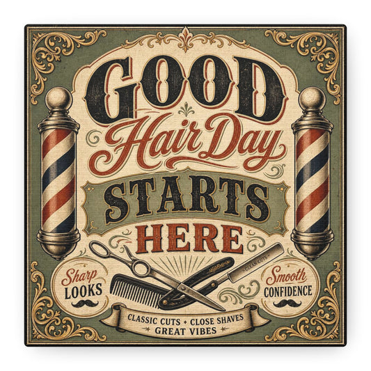"Good Hair Day Starts Here" Barber Shop Canvas Wall Art - Vintage Typography Sign, Classic Razor Scissors Pole Illustration - Rustic Barbershop Decor, Salon Wall Art, Workspace Accent - Ready to Hang