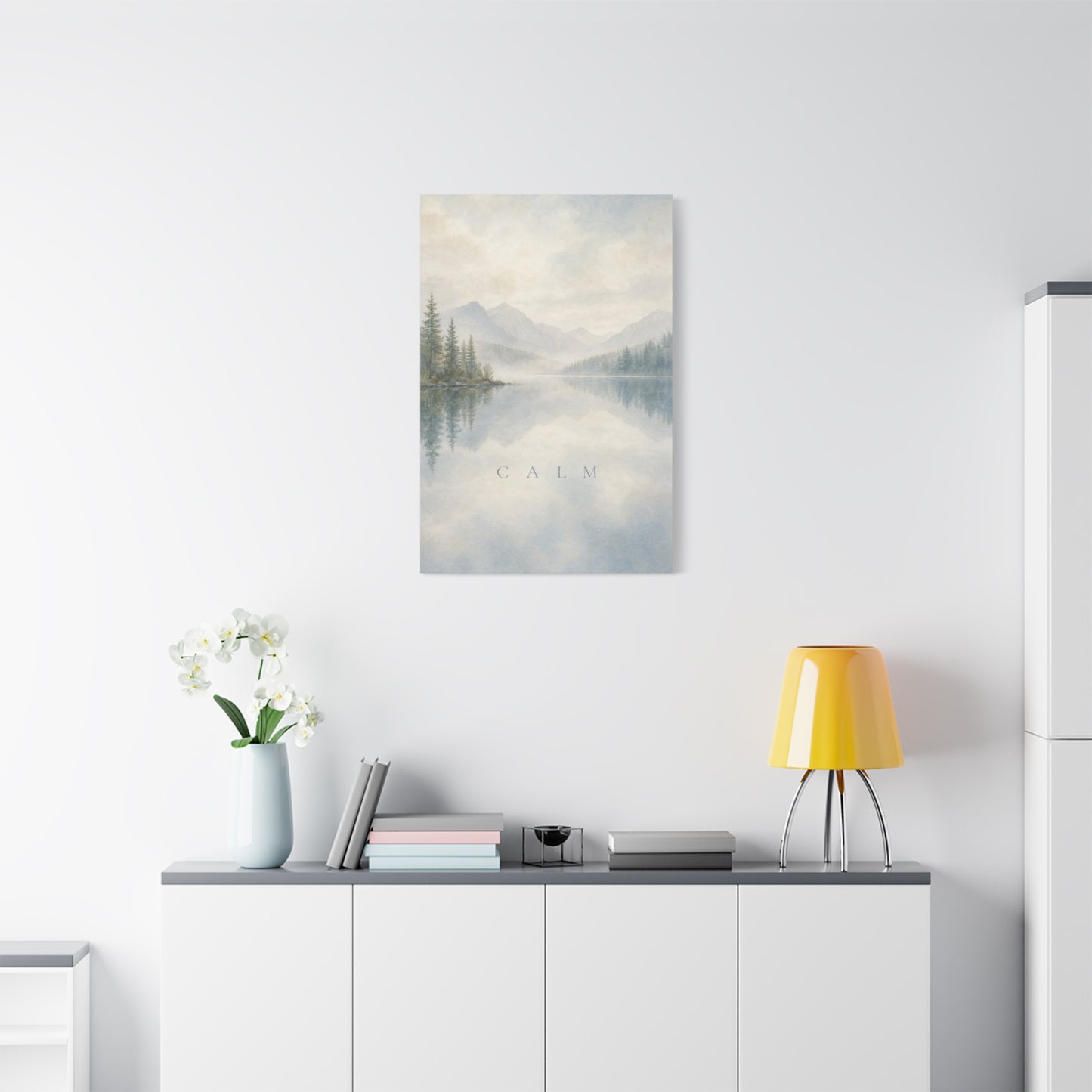 "Calm" Mountain Lake Canvas Wall Art - Misty Pine Forest Reflection Print - Serene Blue Landscape - Minimalist Nature Decor - Bedroom Home Decoration, Meditation Space - Living Room Wall Decor