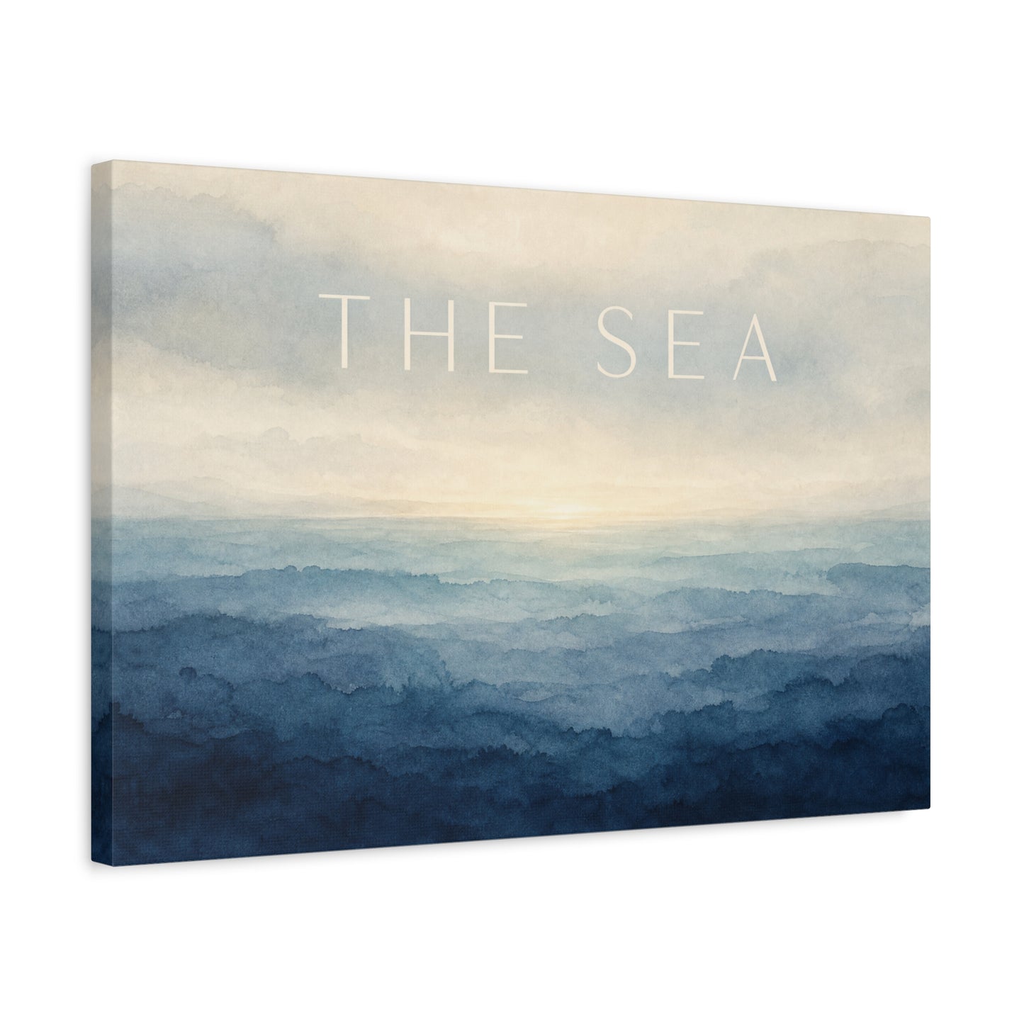 "The Sea" Coastal Canvas Wall Art - Blue Ocean Horizon Watercolor Typography Print - Serene Minimalist Seascape Decor - Bedroom Wall Hanging, Living Room Home Decoration, Meditation Space