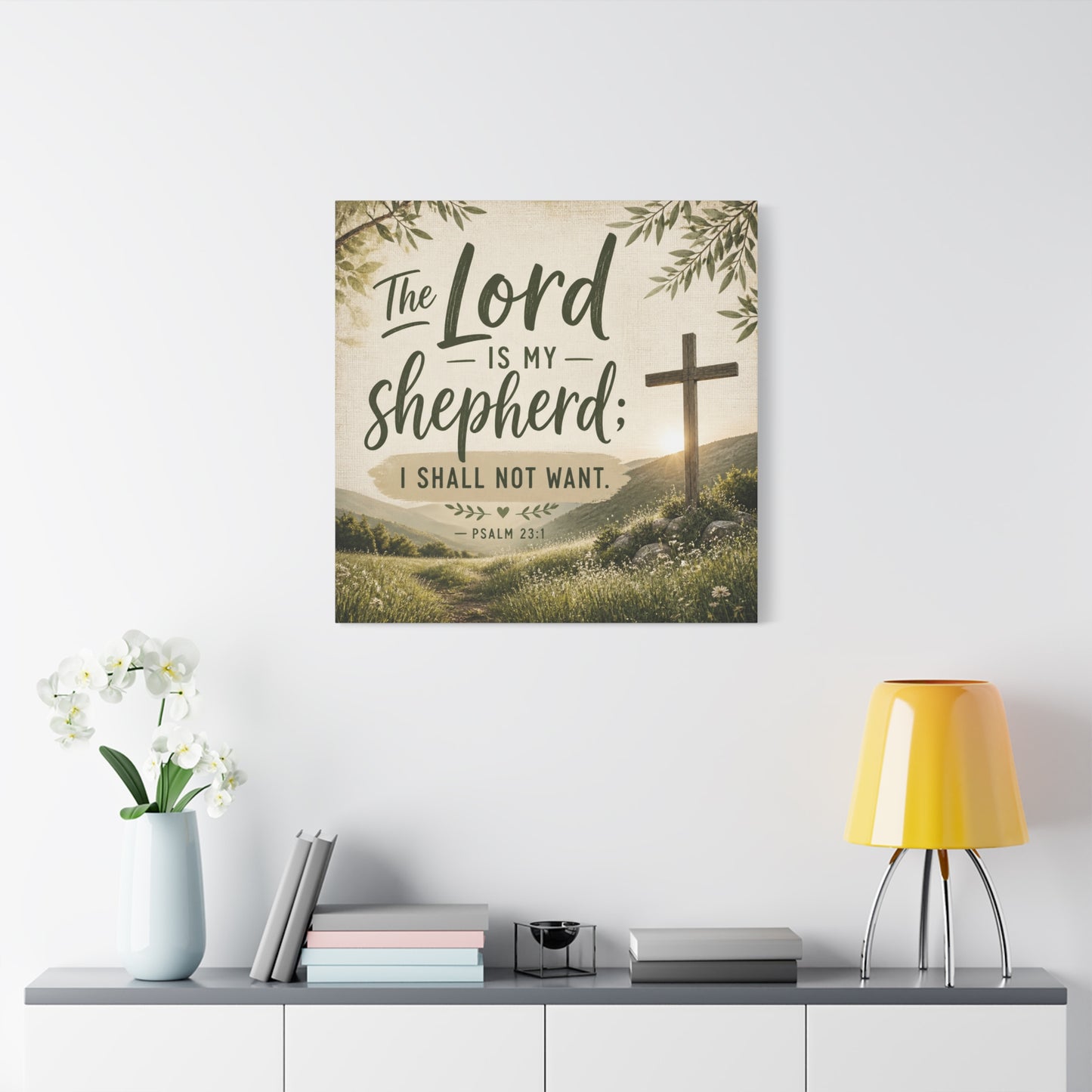 "The Lord Is My Shepherd, I Shall Not Want. - Psalm 23:1" Christian Canvas Wall Art - Rustic Cross Meadow Landscape, Farmhouse Scripture Decor, Bedroom Living Room Wall Hanging - Ready to Hang