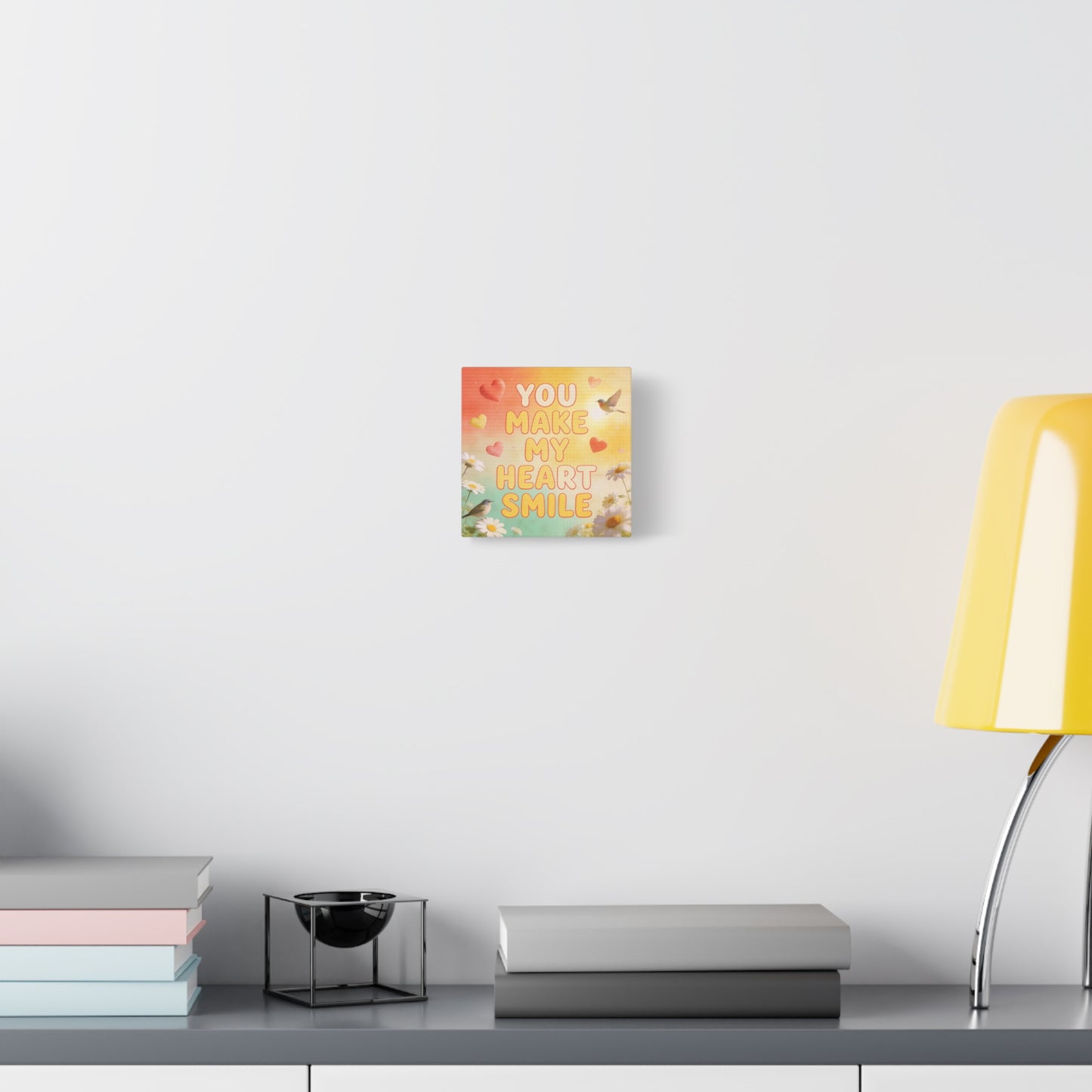 "You Make My Heart Smile" Inspirational Canvas Wall Art - Daisy And Songbird Quote Print, Pastel Typography Decor, Cheerful Bedroom Wall Hanging, Nursery Home Accent - Bedroom Home Decoration