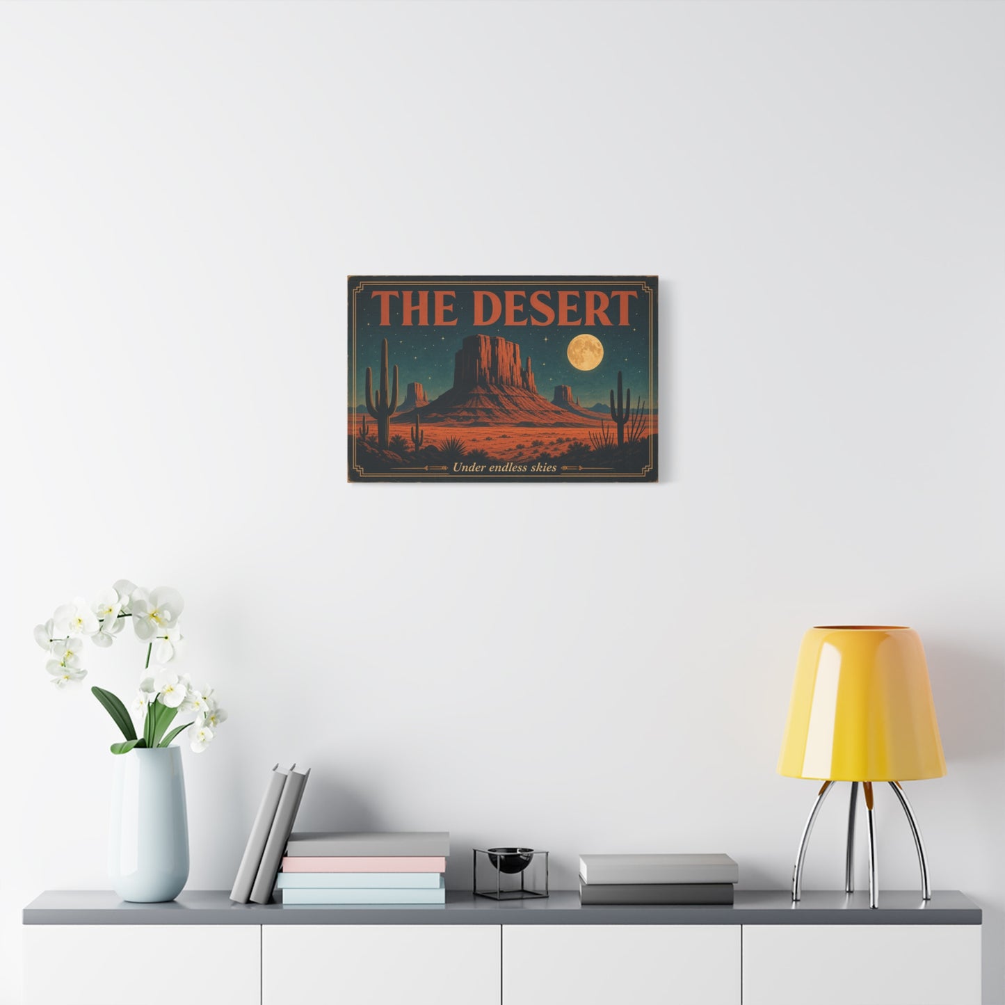 "THE DESERT" Canvas Wall Art - Moonlit Saguaro Desert Mesa Landscape, "Under endless skies" - Vintage Southwest Poster Style, Living Room Wall Decor, Bedroom Home Decoration - Bedroom Home Decoration