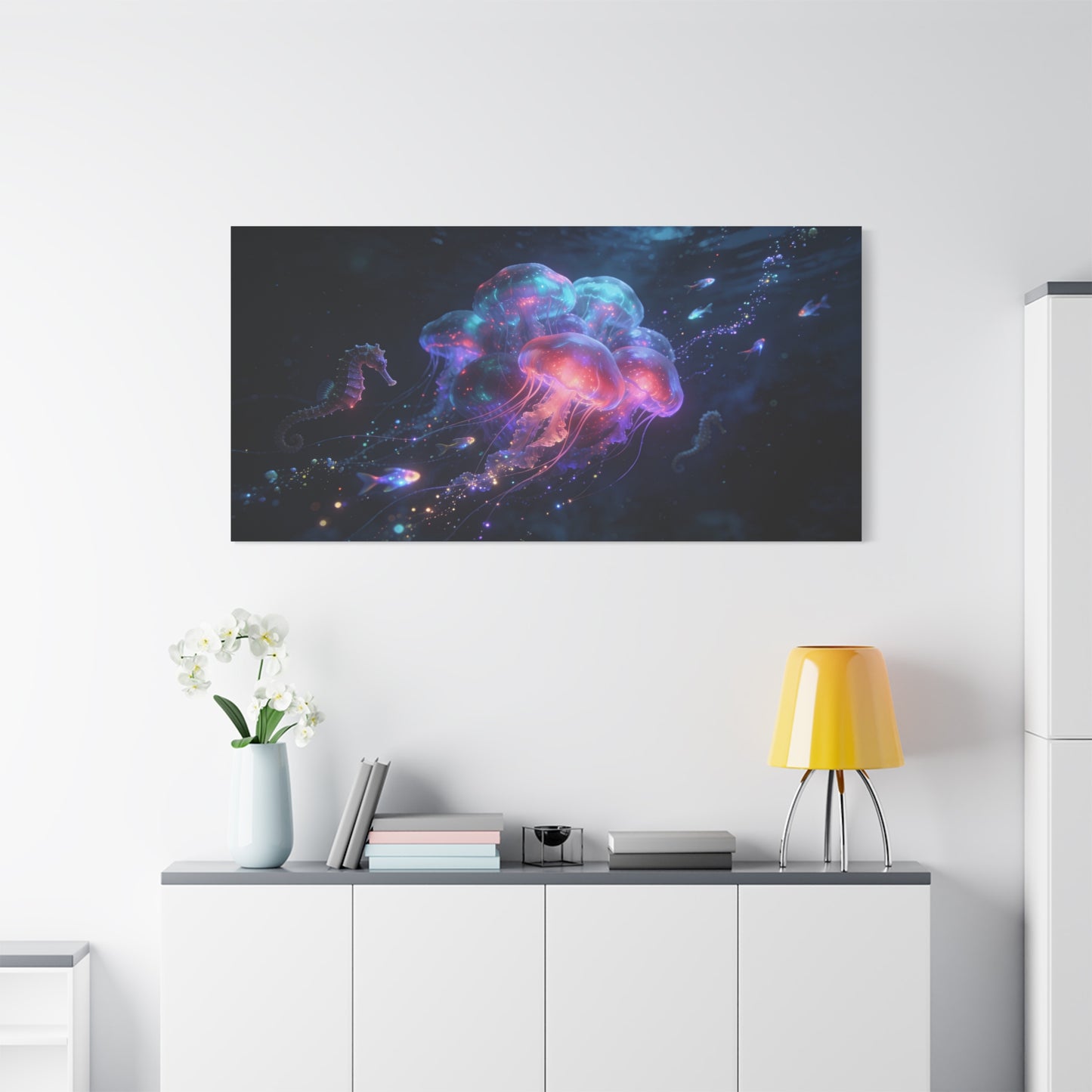 Glowing Jellyfish Canvas Wall Art - Luminous Underwater Sea Life, capiz shells wall decor - Dreamy Ocean Fantasy Cotton Canvas Print - Contemporary Bedroom Living Room Decor - Bedroom Home Decoration