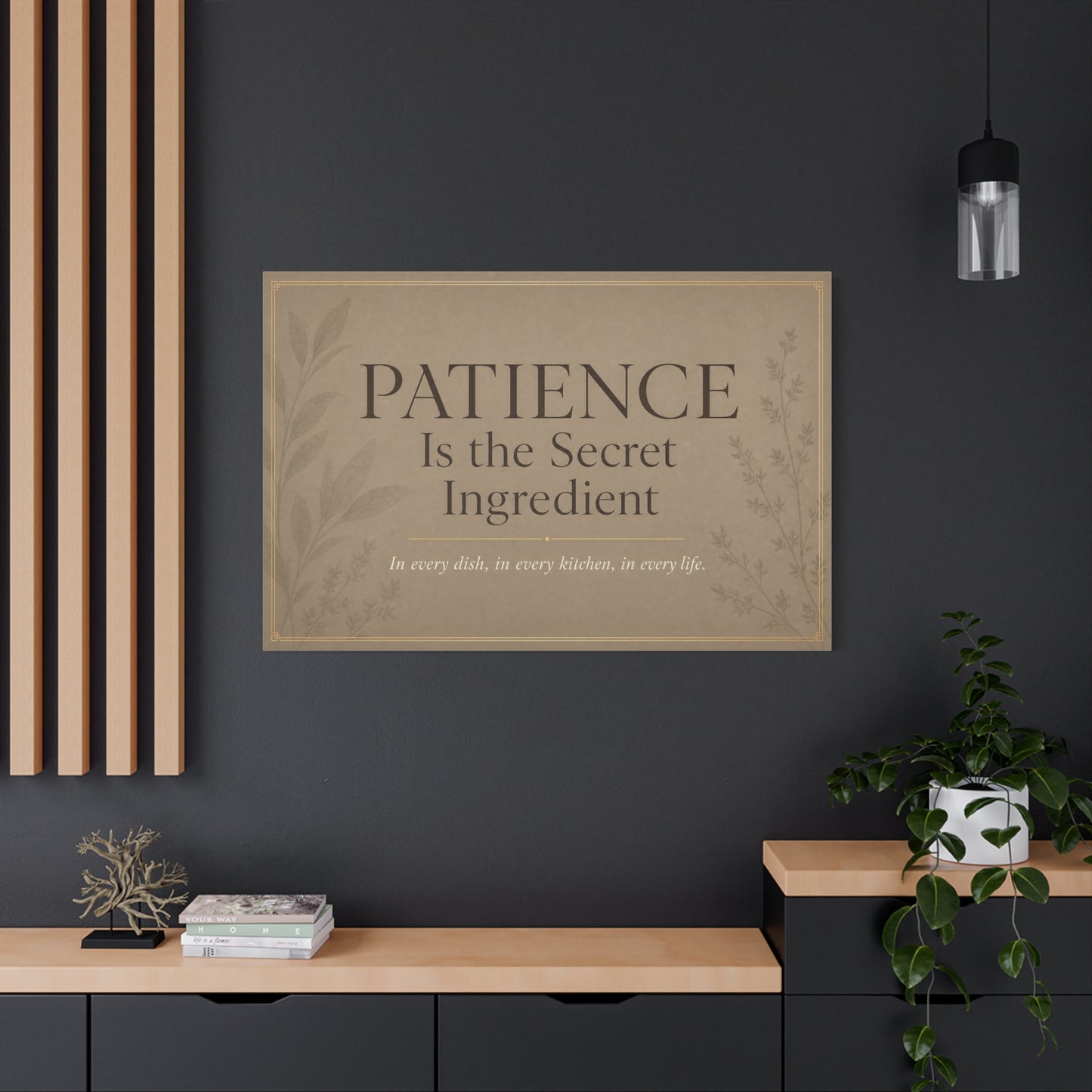 "Patience Is The Secret Ingredient" Kitchen Canvas Wall Art - Neutral Typography Print, Farmhouse Style - Beige Botanical Quote Decor - Dining Room, Kitchen Wall Hanging - Bedroom Home Decoration