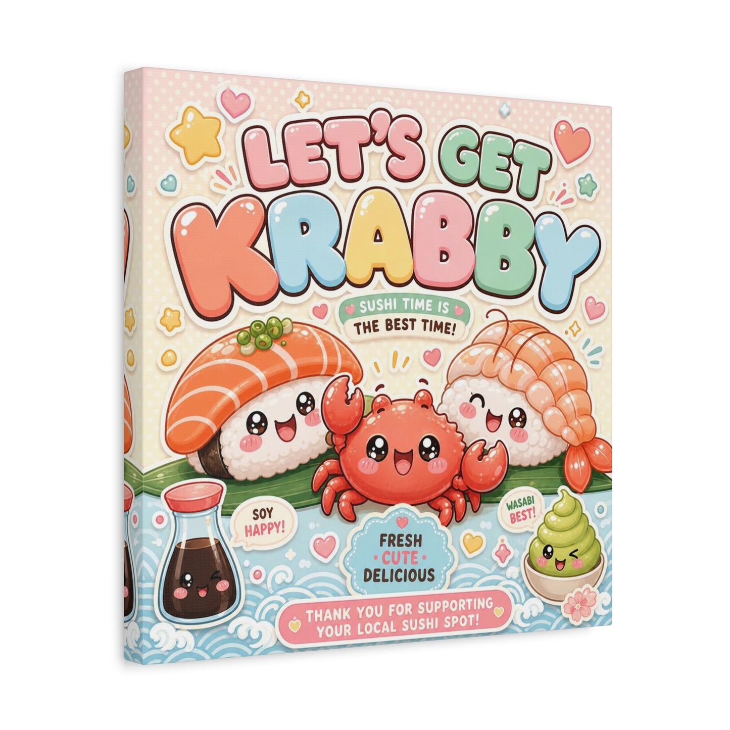 "Let's Get Krabby" Sushi Quote Canvas Wall Art - Kawaii Salmon Nigiri Shrimp Crab Illustration - Pastel Typography - Cafe Wall Decor, Restaurant Wall Hanging, Cute Food Sign - Reception Area Decor
