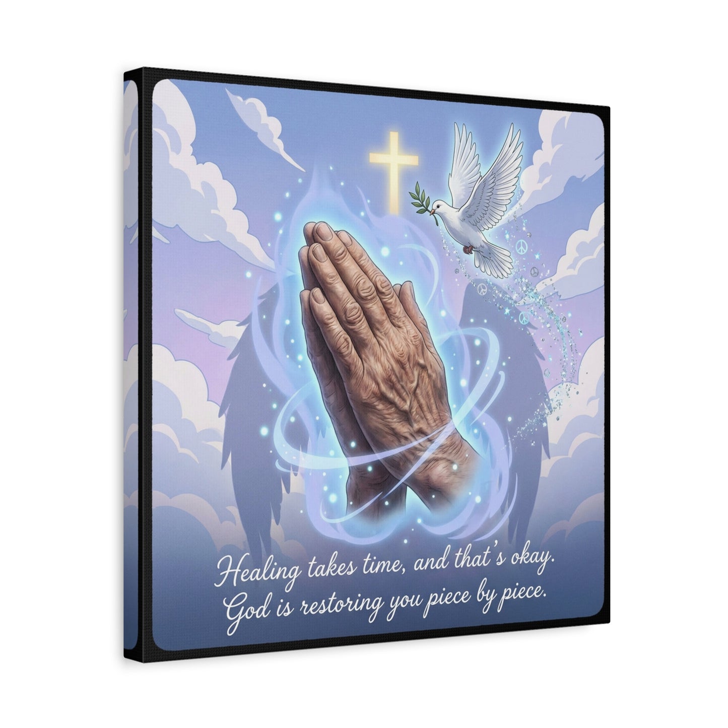 "Healing Takes Time, And That’s Okay. God Is Restoring You Piece By Piece." Christian Canvas Wall Art - Praying Hands, Dove, Cross - Faith Inspired Blue Sky Decor - Bedroom Living Room Office