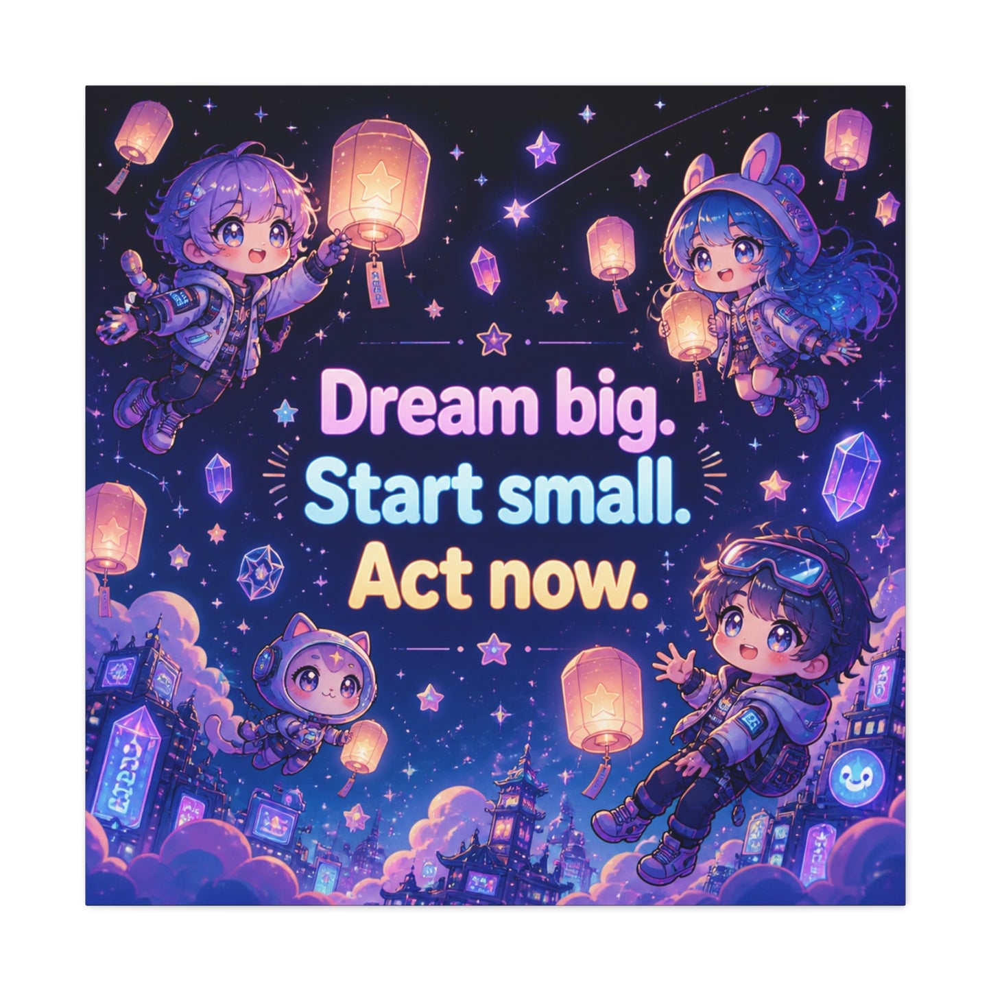"Dream Big. Start Small. Act Now." Inspirational Canvas Wall Art - Kawaii Space Kids, Star Lantern Night Sky Quote Print - Neon Purple Blue Decor, Bedroom Home Decoration, Teen Room Accent