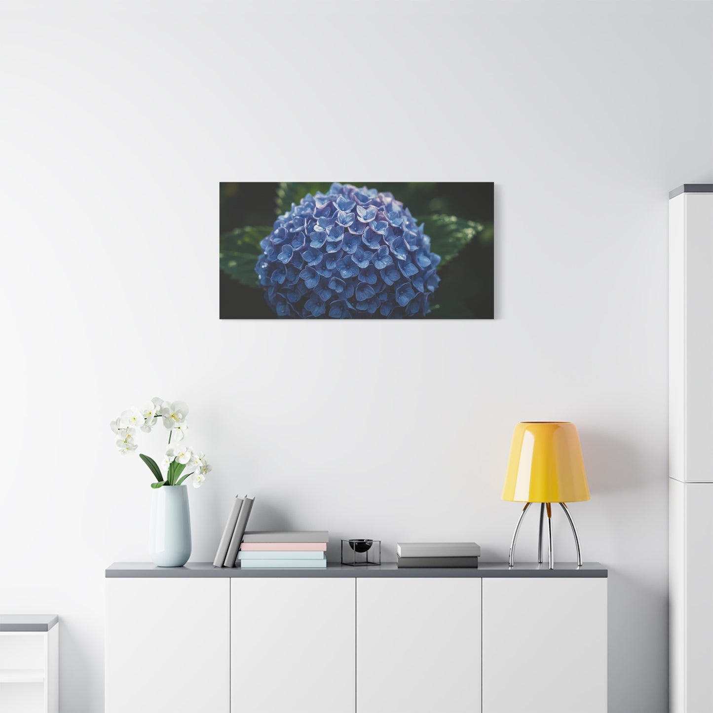 Blue Hydrangea Canvas Wall Art - Botanical Floral Close Up Art Print - Matte Cotton Art Print, Moody Garden Style - Bedroom Wall Decor, Bathroom Accent, Spa Inspired Home Decoration - Ready to Hang