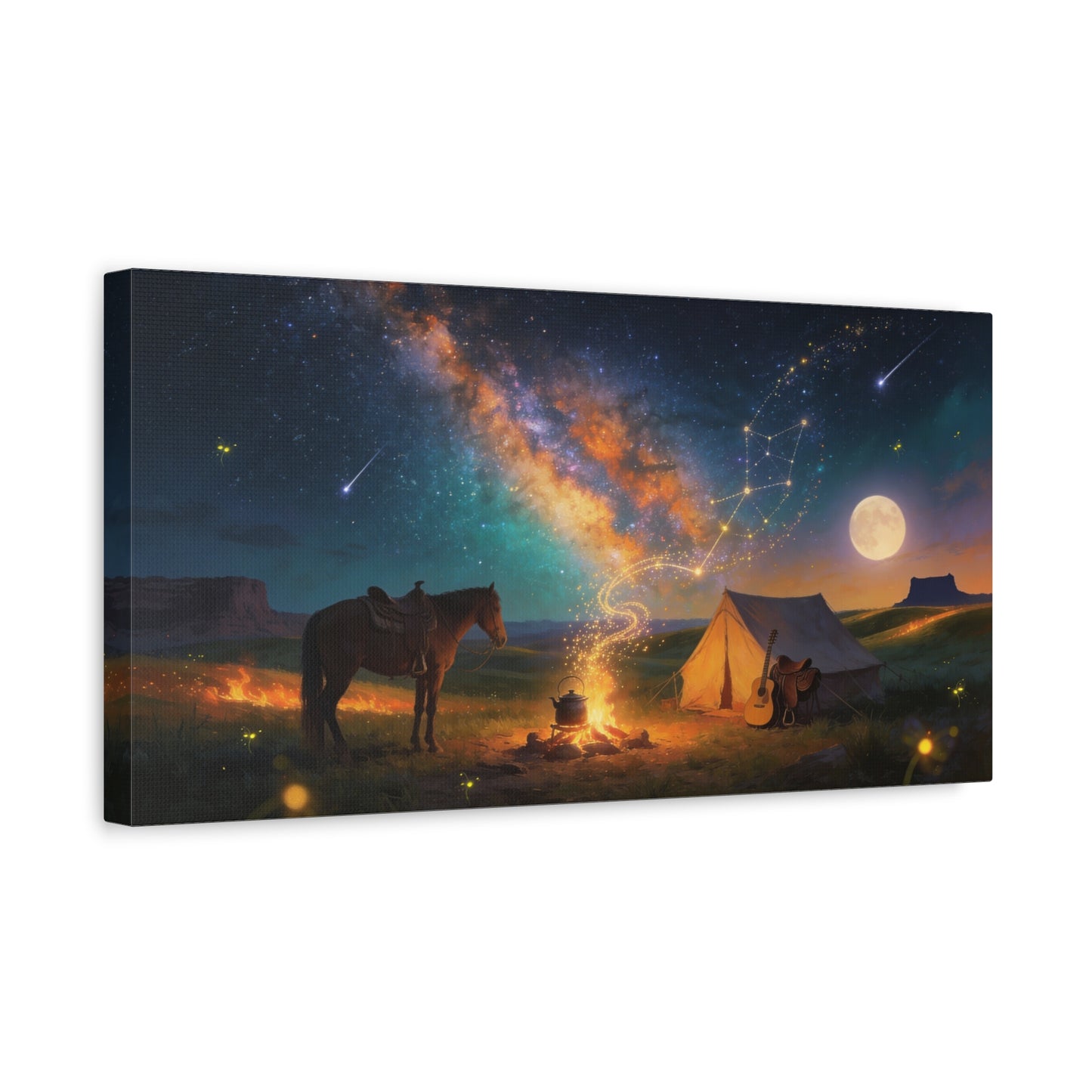 Western Night Sky Canvas Wall Art - Horse, Tent, Campfire And Milky Way Constellation - Dreamy Cosmic Desert Landscape - Modern Home Decor For Living Room, Bedroom, Office - Living Room Wall Decor
