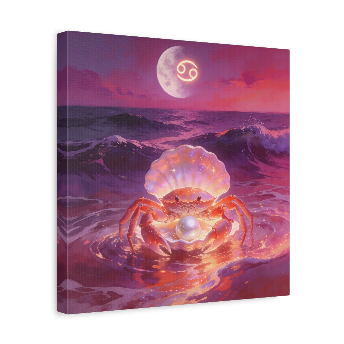 Cancer Zodiac Crab Canvas Wall Art - Moonlit Ocean Pearl Illustration, Pink Purple Seascape - Surreal Coastal Style - Living Room Wall Decor, Bedroom Home Decoration - Bedroom Home Decoration