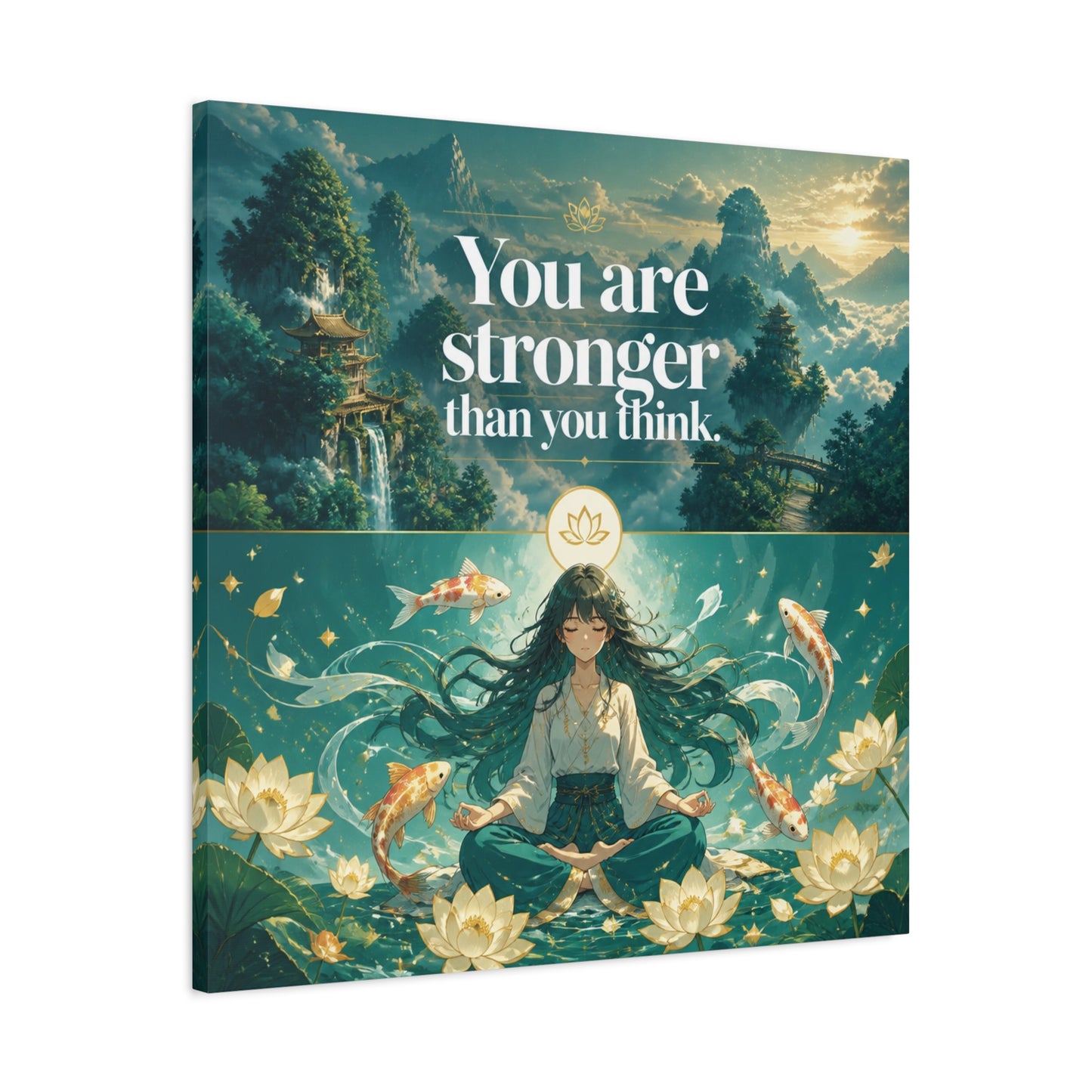 "You Are Stronger Than You Think." Inspirational Canvas Wall Art - Meditating Girl, Koi Fish, Lotus Lake - Zen Fantasy Landscape - Bedroom Wall Decor, Meditation Space, Jellyfish Room Decor