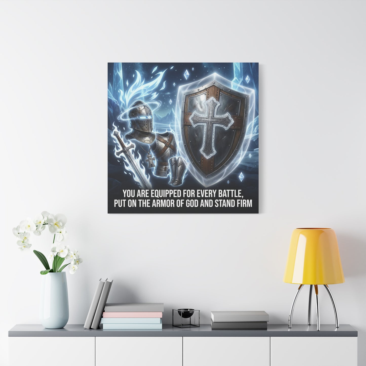 "You Are Equipped For Every Battle, Put On The Armor Of God And Stand Firm" Christian Canvas Wall Art - Knight Armor, Cross Shield, Scripture Decor - Blue Fantasy Style - Living Room - Office Wall Art