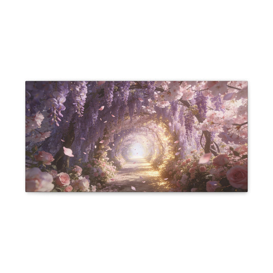 Wisteria Blossom Tunnel Canvas Wall Art - Cherry Blossom Garden Path, Ethereal Floral Wall Decor - Dreamy Matte Canvas Print - Romantic Bedroom Home Decoration, Living Room Accent - Ready to Hang
