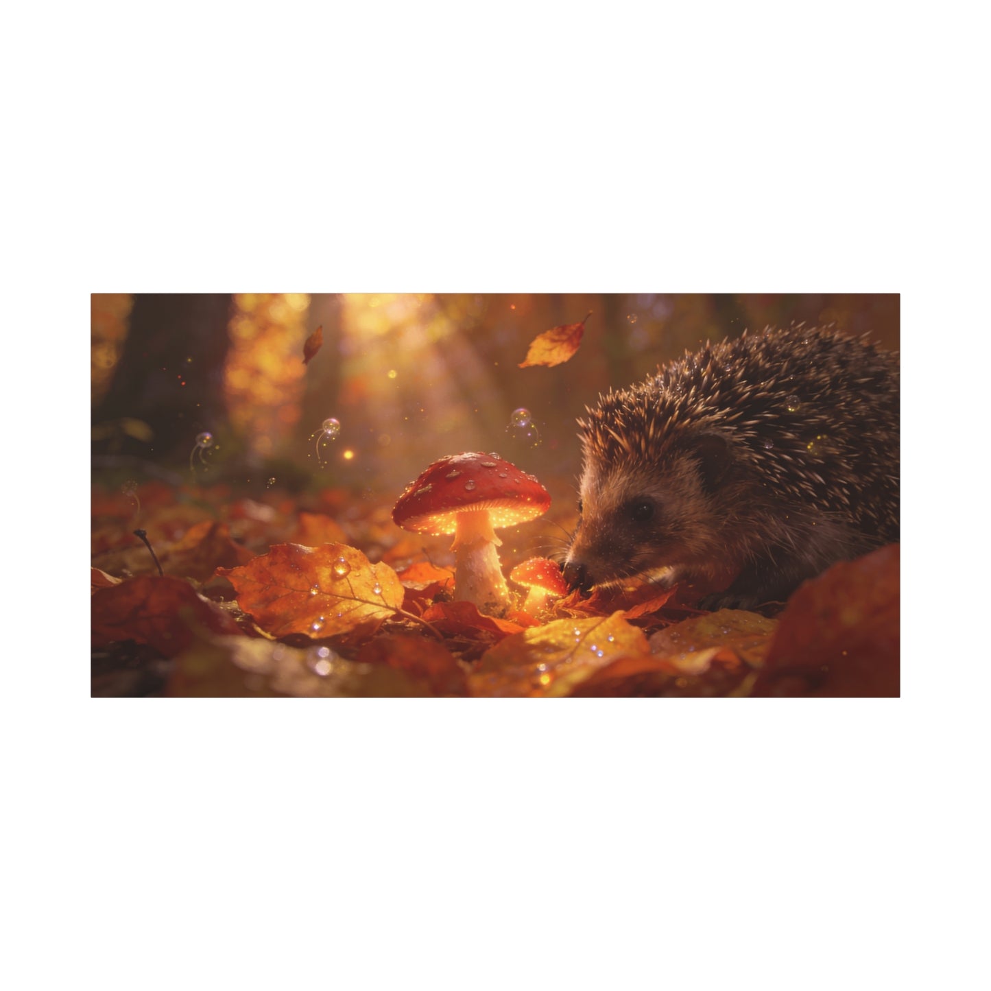 Hedgehog Mushroom Canvas Wall Art - Autumn Forest Wildlife Canvas Print, Glowing Red Toadstool, Warm Golden Light, Whimsical Nature Decor, Living Room Wall Decor, Bedroom Accent - Ready to Hang