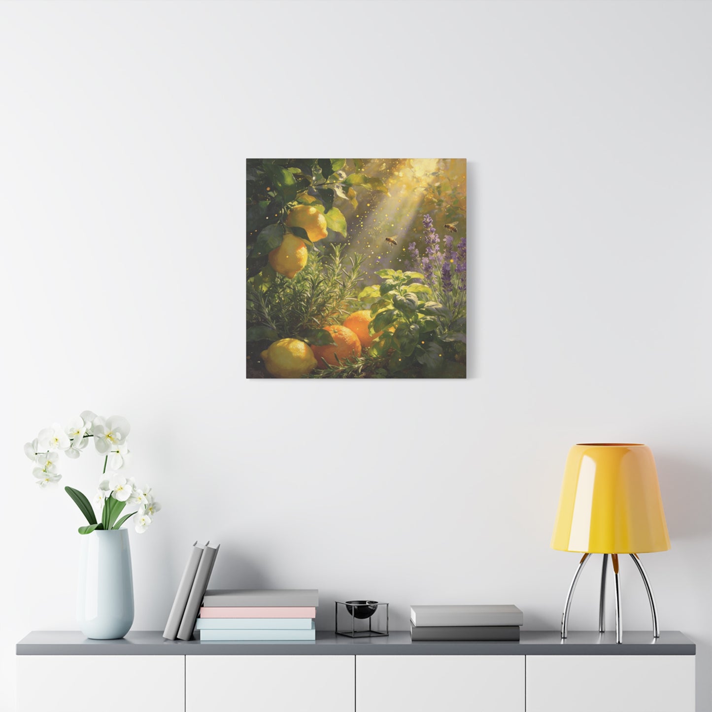 Lemon Herb Garden Canvas Wall Art - Bees, Lavender, Rosemary, Sunlit Botanical Painting - Matte Cotton Print, Rustic Farmhouse Style - Kitchen Wall Decor, Dining Room Accent - Bedroom Home Decoration