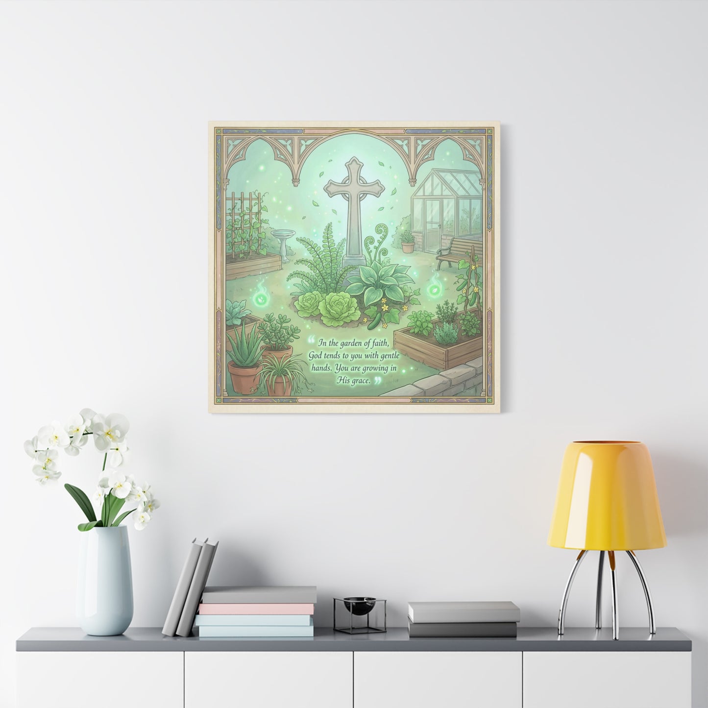 "In The Garden Of Faith" Christian Canvas Wall Art - Cross Garden Quote Print - Botanical Scripture Decor, Matte Cotton Canvas - Traditional Religious Wall Decor For Bedroom Office - Ready to Hang