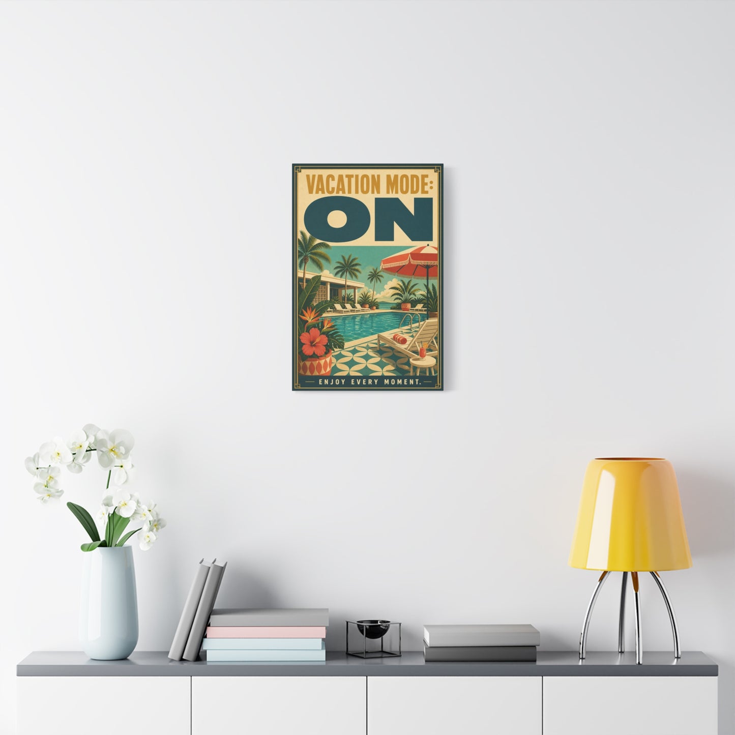 "Vacation Mode: On" Tropical Poolside Canvas Wall Art - Retro Resort Poster Print, Palm Tree Coastal Decor, Vintage Travel Style, Living Room Wall Decor, Vacation Rental Decoration - Ready to Hang