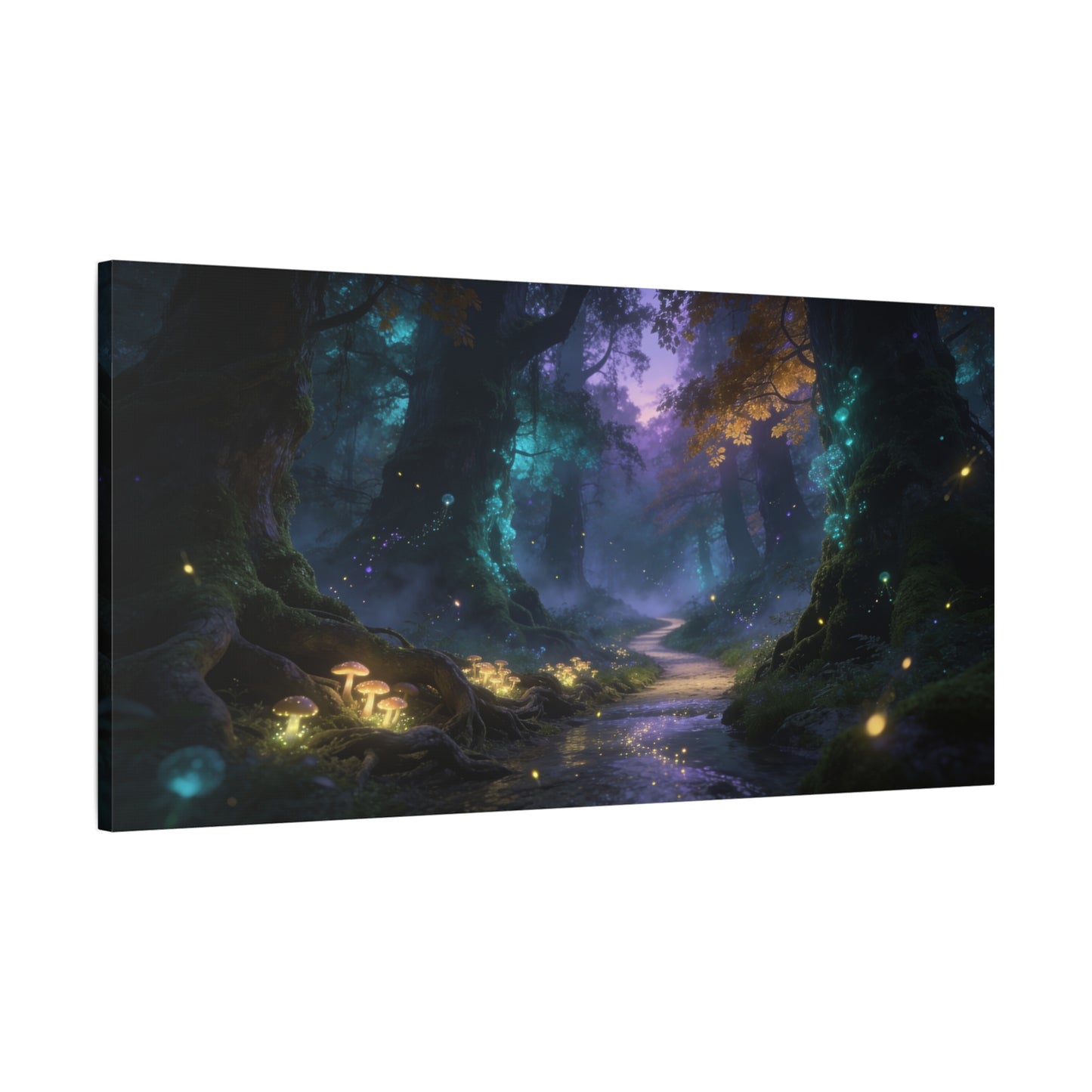 Enchanted Forest Canvas Wall Art - Glowing Mushrooms, Moonlit Woodland Path - Dreamy Fantasy Landscape - Matte Cotton Canvas Print - Living Room Wall Decor, Bedroom Home Decoration - Ready to Hang