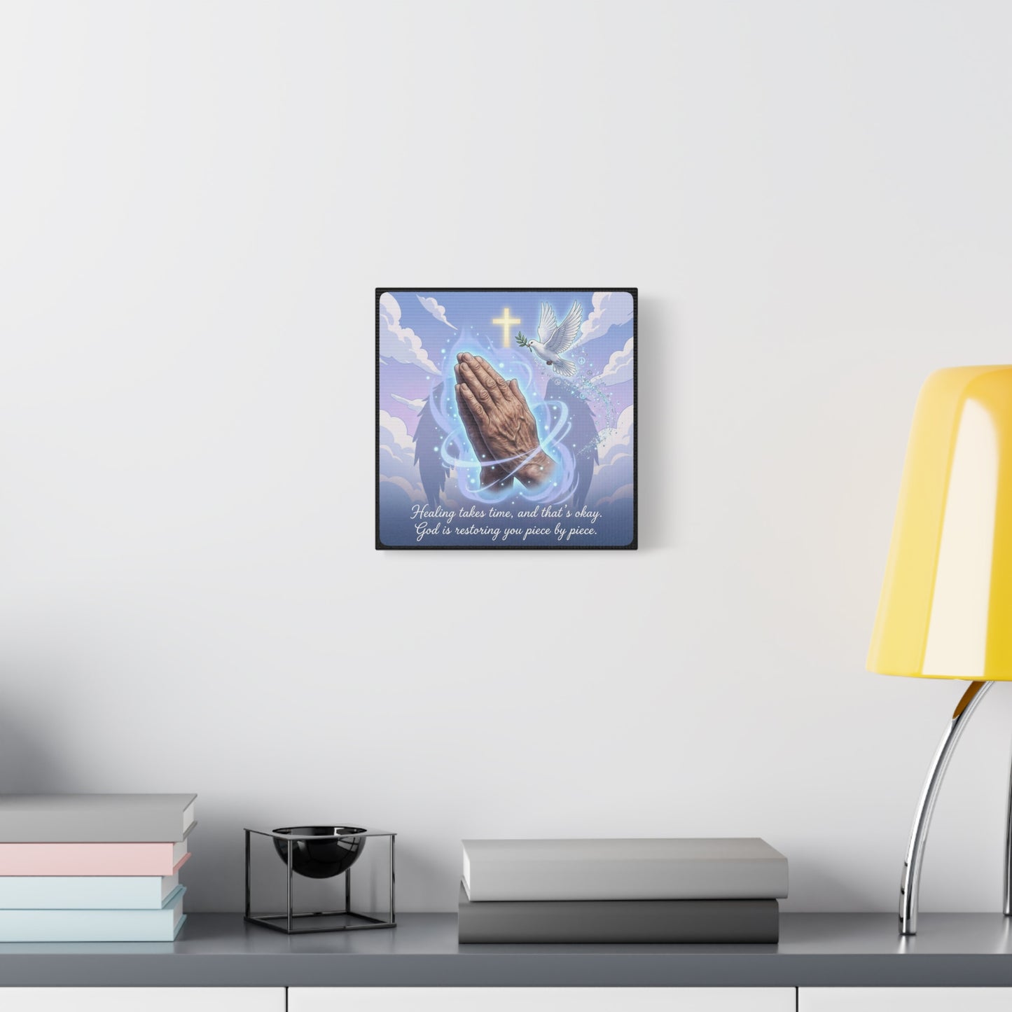 "Healing Takes Time, And That’s Okay. God Is Restoring You Piece By Piece." Christian Canvas Wall Art - Praying Hands, Dove, Cross - Faith Inspired Blue Sky Decor - Bedroom Living Room Office