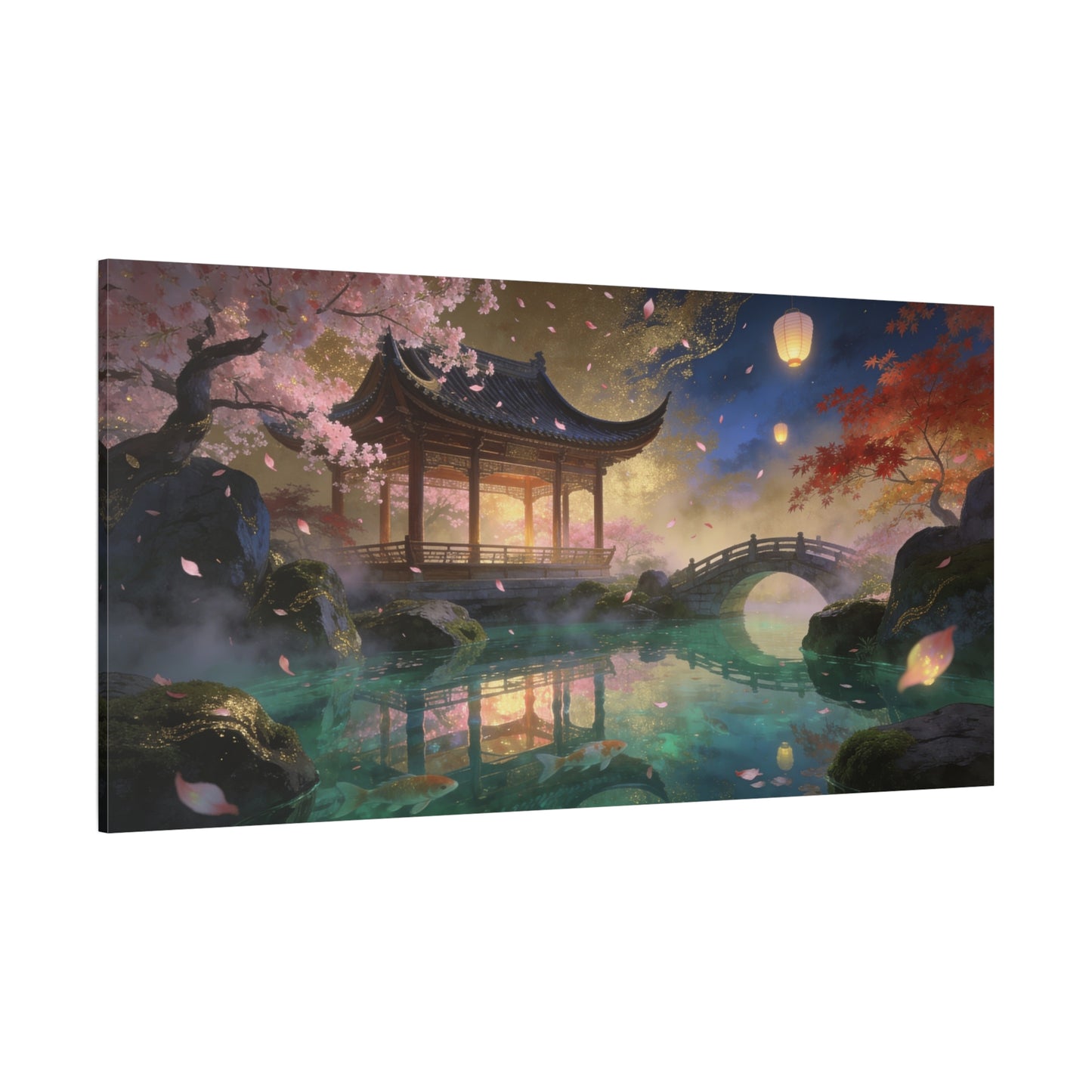 Japanese Garden Pavilion Canvas Wall Art - Cherry Blossom Pond, Lantern Night, Arched Bridge - Serene Traditional Landscape - Living Room Wall Decor, Bedroom Home Decoration - Bedroom Home Decoration