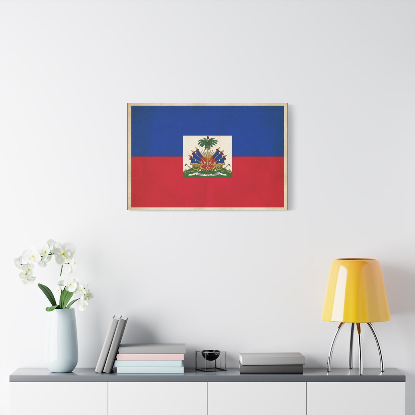 Haiti Flag Canvas Wall Art - Haitian Flag Print With Coat Of Arms, Patriotic Blue Red Banner - Framed Look Matte Canvas - Living Room Wall Decor, Bedroom Home Decoration - Bedroom Home Decoration