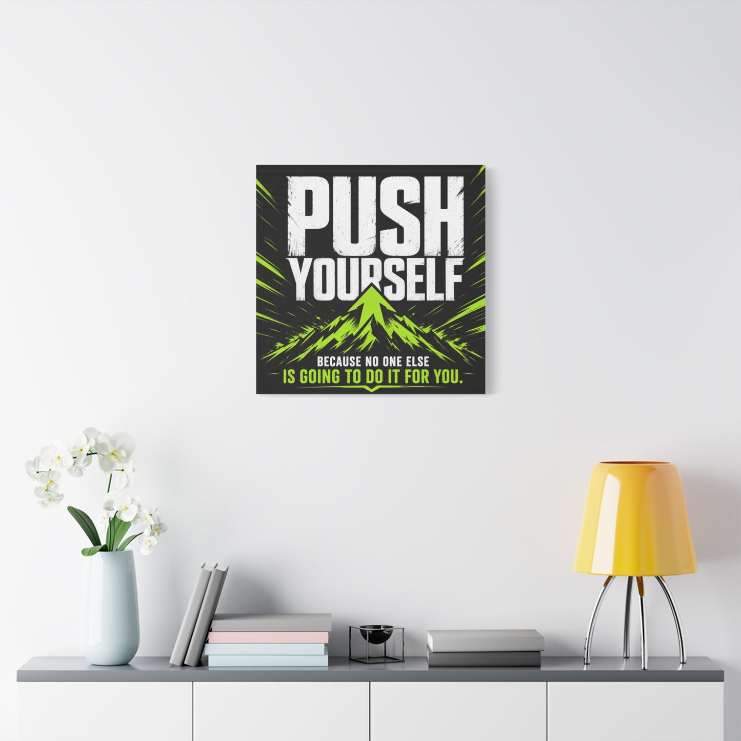 "Push Yourself Because No One Else Is Going To Do It For You" Motivational Canvas Wall Art - Bold Typography Quote Print, Modern Black Neon Green Design - Home Office Wall Decor, Teen Room