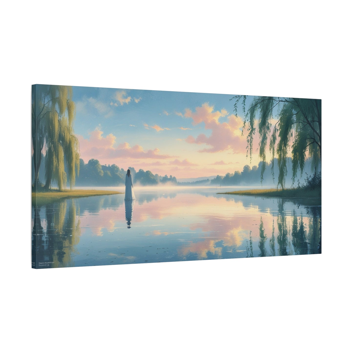 Woman In White By Misty Lake Canvas Wall Art - Pastel Sunrise Waterscape, Willow Trees Reflection - Matte Cotton Print - Contemporary Landscape Decor For Living Room Bedroom Office - Office Wall Art