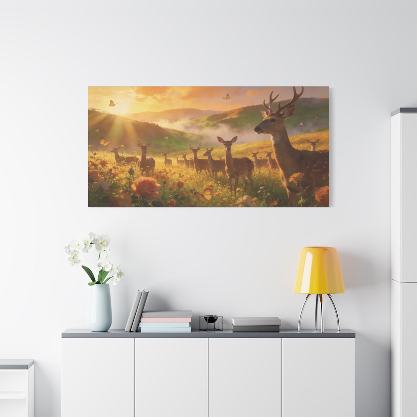 Deer Meadow Canvas Wall Art - Golden Sunrise Wildlife Landscape, Butterflies, Floral Field - Matte Finish Canvas Print - Rustic Nature Style, Living Room Wall Decor - Bedroom Home Decoration